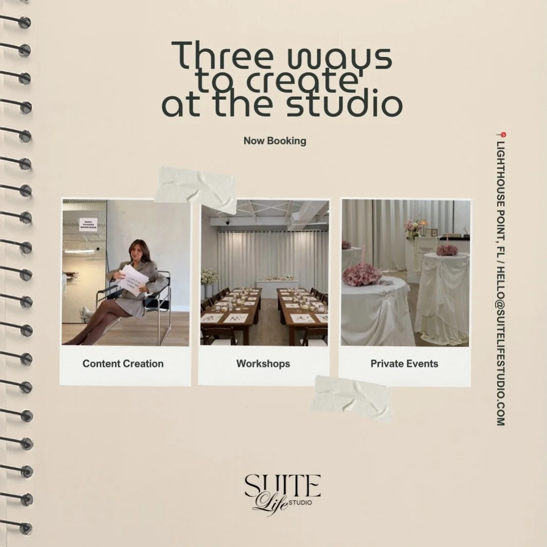 Welcome to Suite Life Studio 🤍

A natural light creative studio in Lighthouse Point, Florida designed for content creation, workshops, and intimate events.

The studio can be rented for:
&bull; Content creation &amp; brand photography
&bull; Worksho