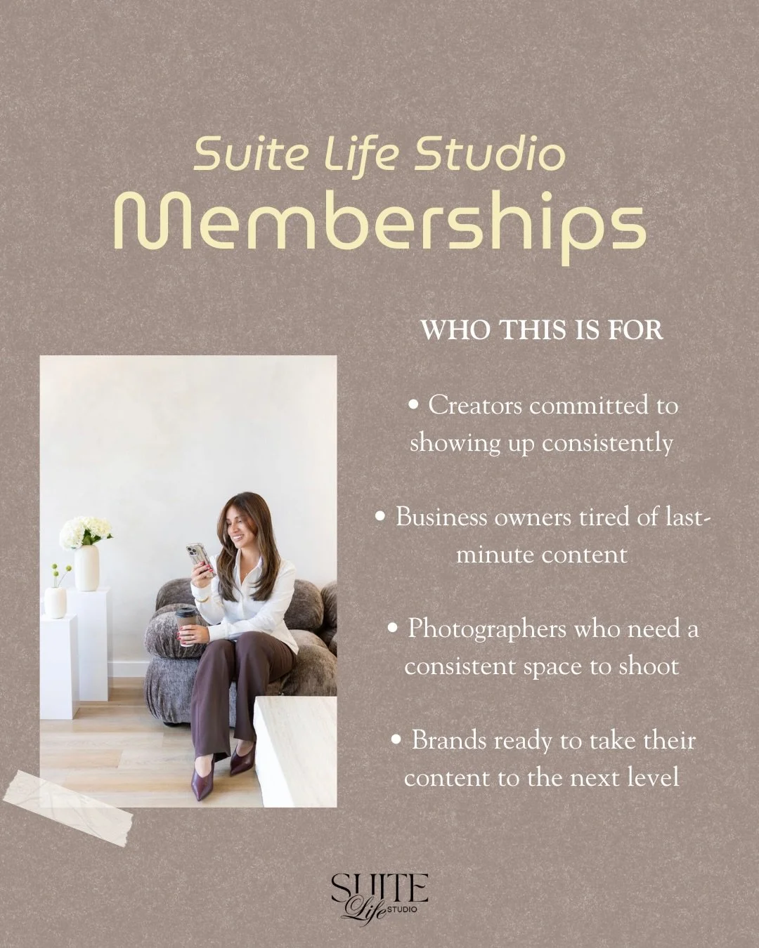 If you are creating content regularly, this is for you!✨

We just launched Suite Life Studio Memberships. Your go to space to shoot, create, and stay consistent without rebooking every time.

No more last minute bookings.
No more inconsistent content