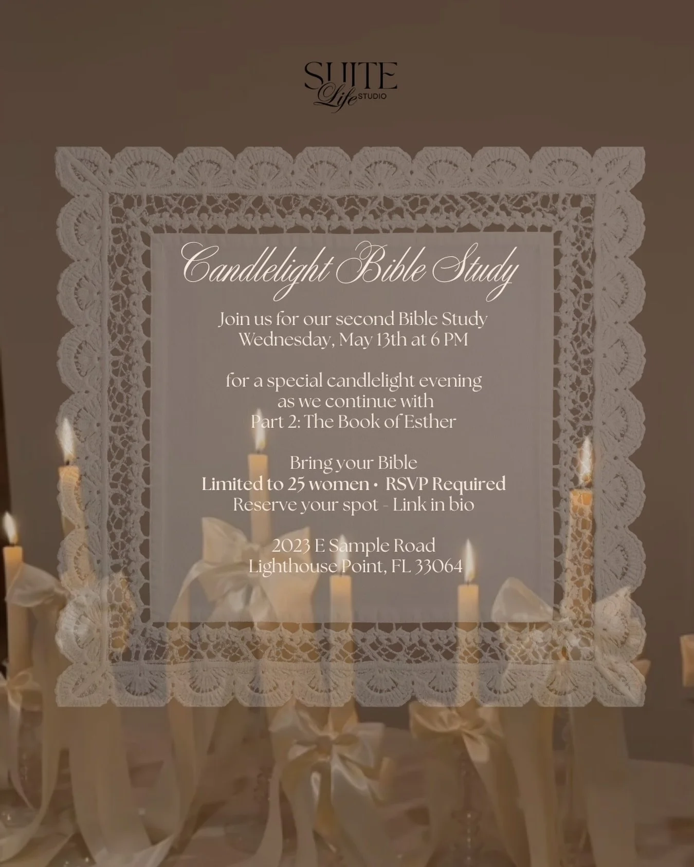 If you&rsquo;re on our email list, you already got the invite 🤍

Our second Candlelight Bible Study is happening May 13 at 6 PM as we continue Part 2 of the Book of Esther.

Limited spots available + RSVP is required.
If you&rsquo;d love to join us,
