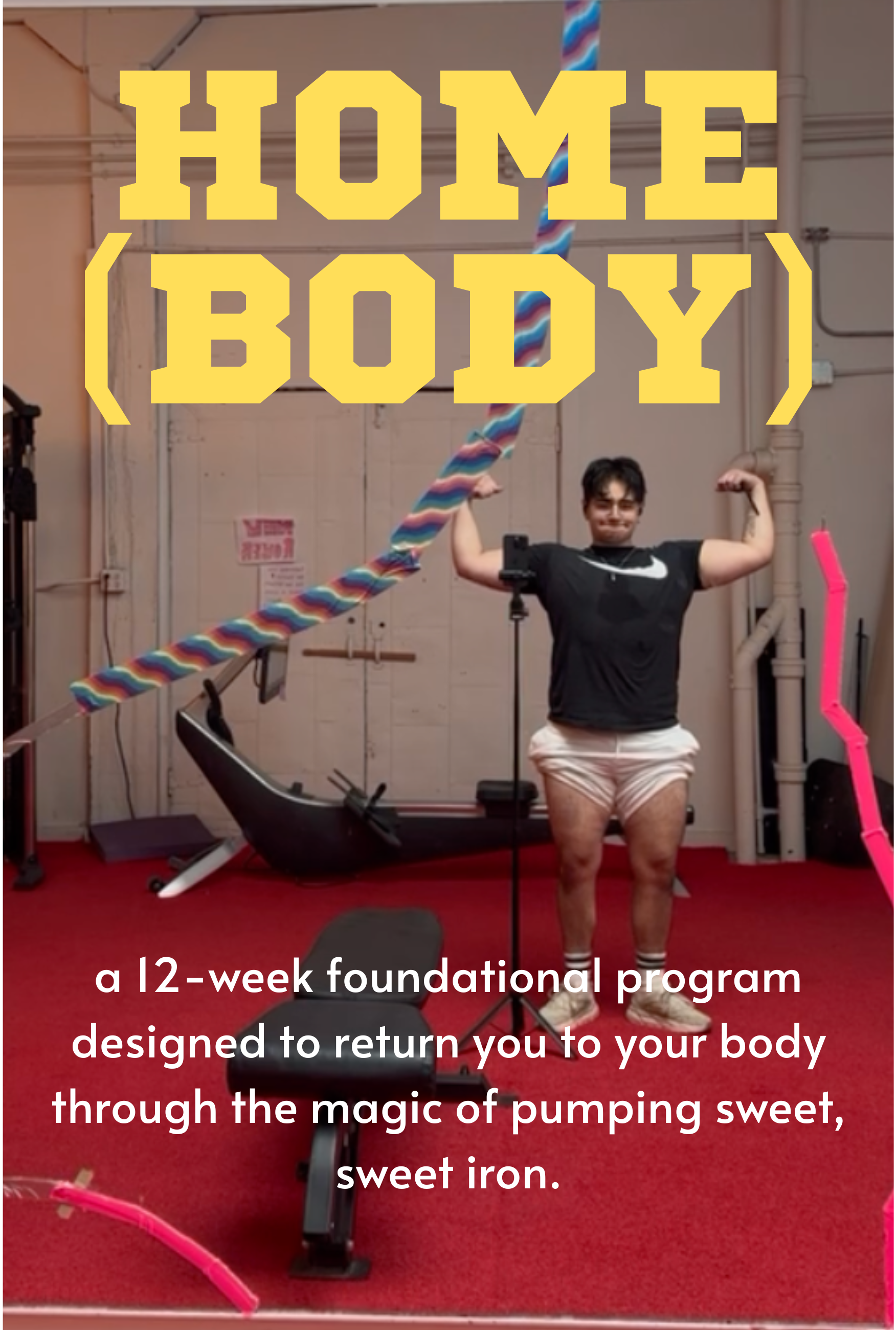 Coach Anu posing in the mirror at the gym with the words HOME(BODY) above their head.