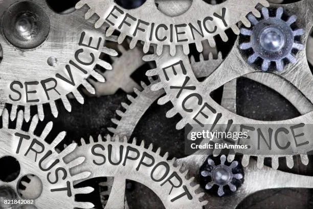 Close-up of metallic gears with words like 'EFFICIENCY,' 'SERVICE,' 'EXCELLENCE,' 'TRUST,' and 'SUPPORT' engraved on them, symbolizing teamwork and operational efficiency.
