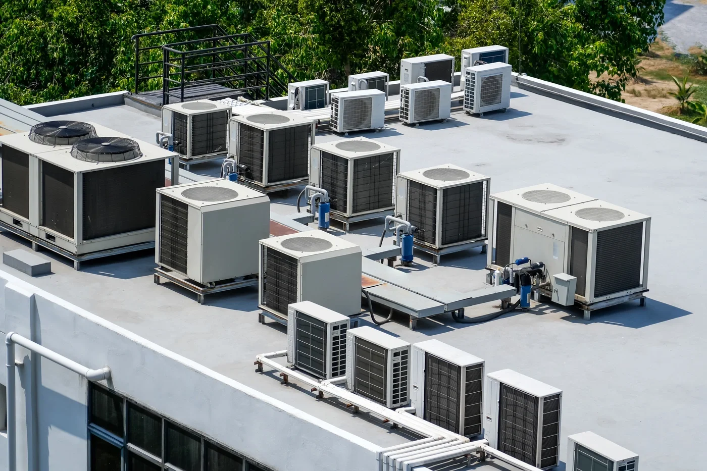 Rooftop of building with multiple air conditioning units and vents, surrounded by green trees.