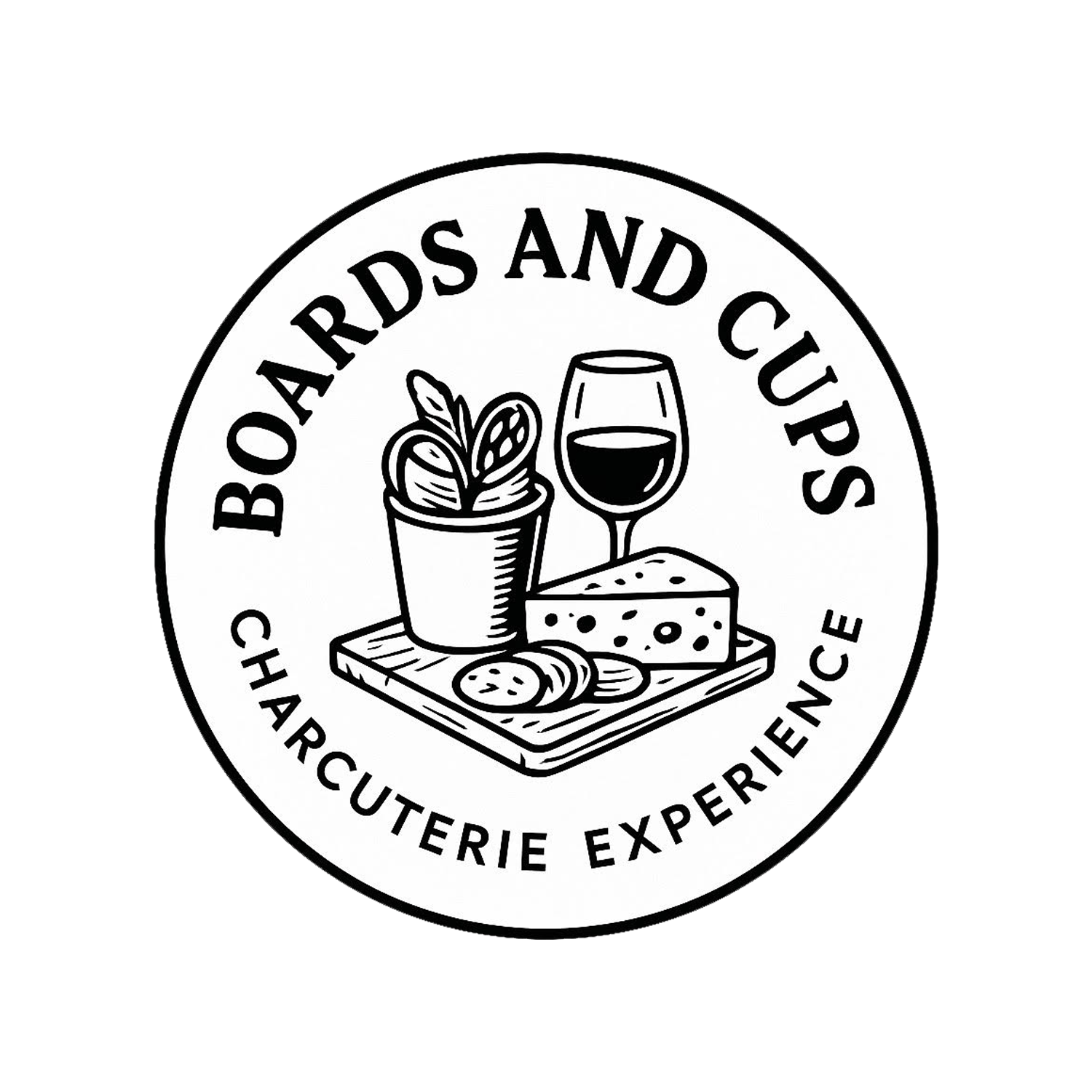 Logo with the text 'Boards and Cups Charcuterie Experience' surrounding an illustration of a cheese board with cheese, crackers, a potted plant, and a glass of red wine.