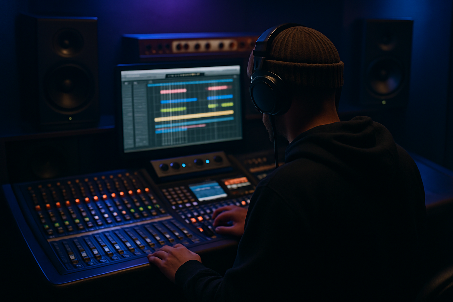 “Music producer working in a professional digital audio workstation (DAW) studio environment, representing music production services offered by Gilo Production Recording Label LLC.”