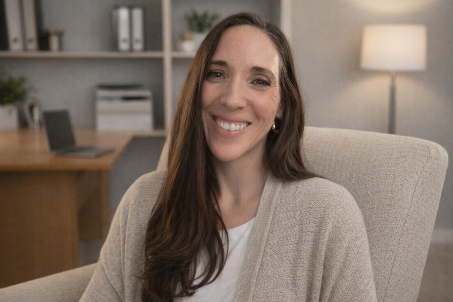 A smiling woman with long brown hair sitting in a beige armchair in a modern office or living room.