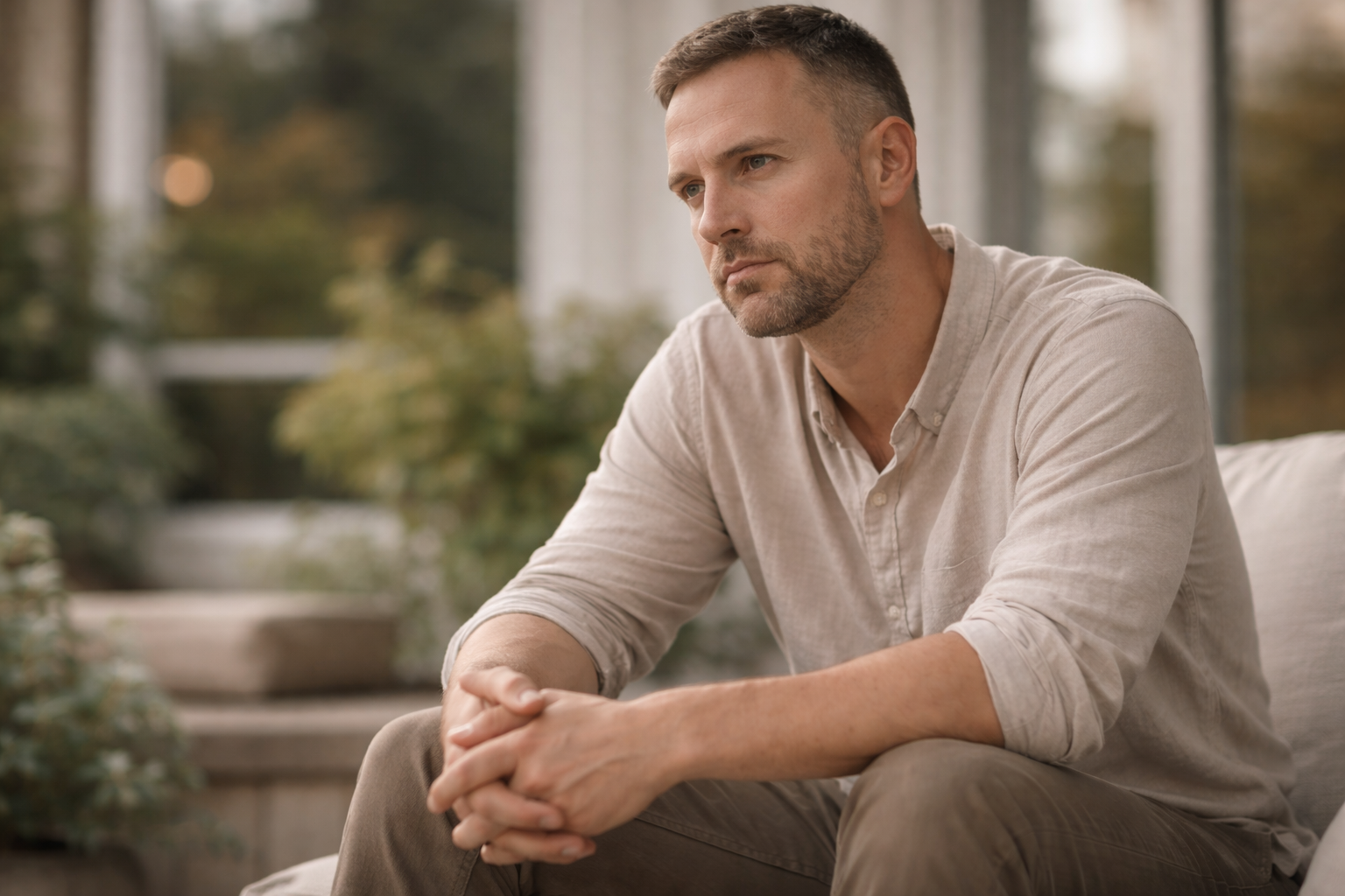A man sitting indoors with a contemplative expression, hands clasped, wearing a beige button-up shirt with rolled-up sleeves. There is greenery and windows in the background.