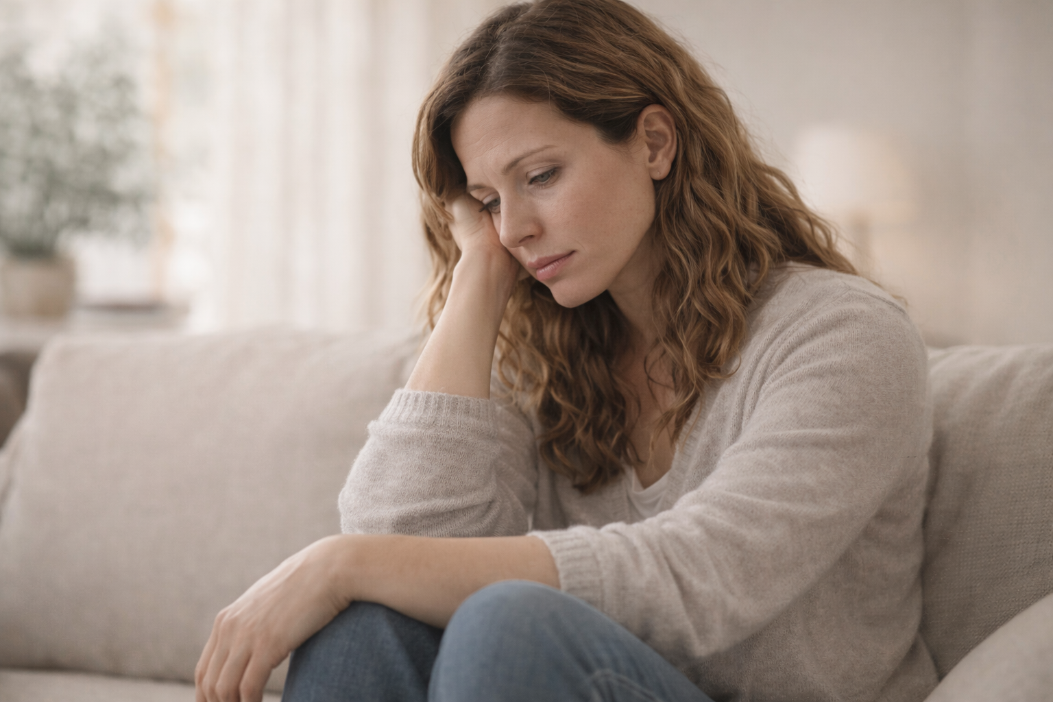 A woman with red hair sitting on a beige sofa, resting her head on her hand and looking downward with a sad expression.