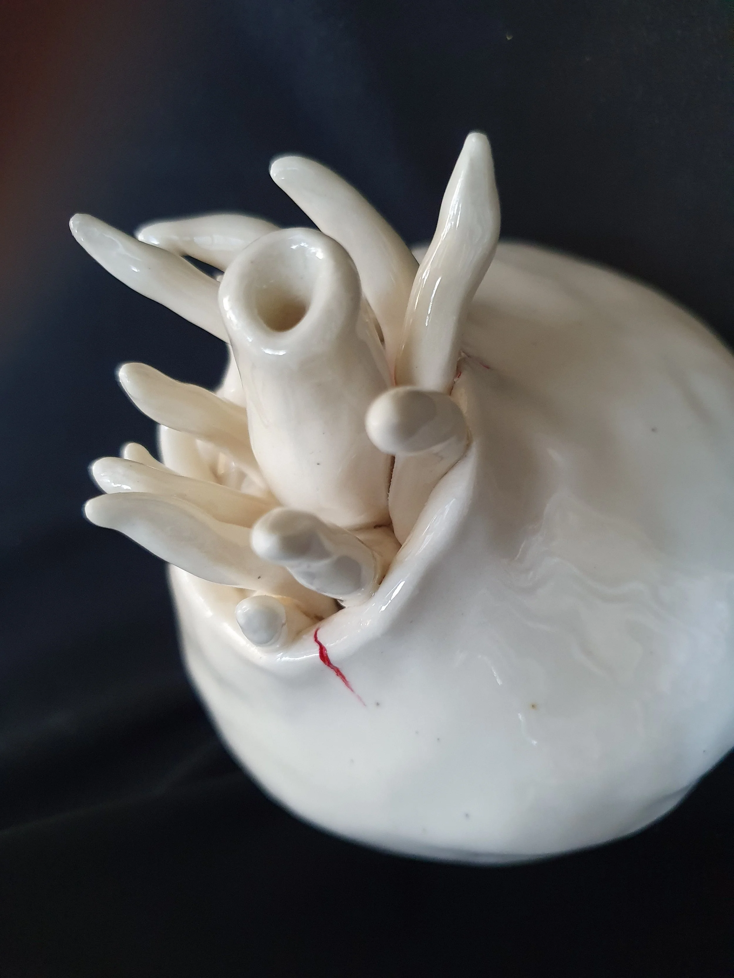 Close-up image of an anatomical heart sculpture with multiple veins and arteries, made of white material, on a dark background.
