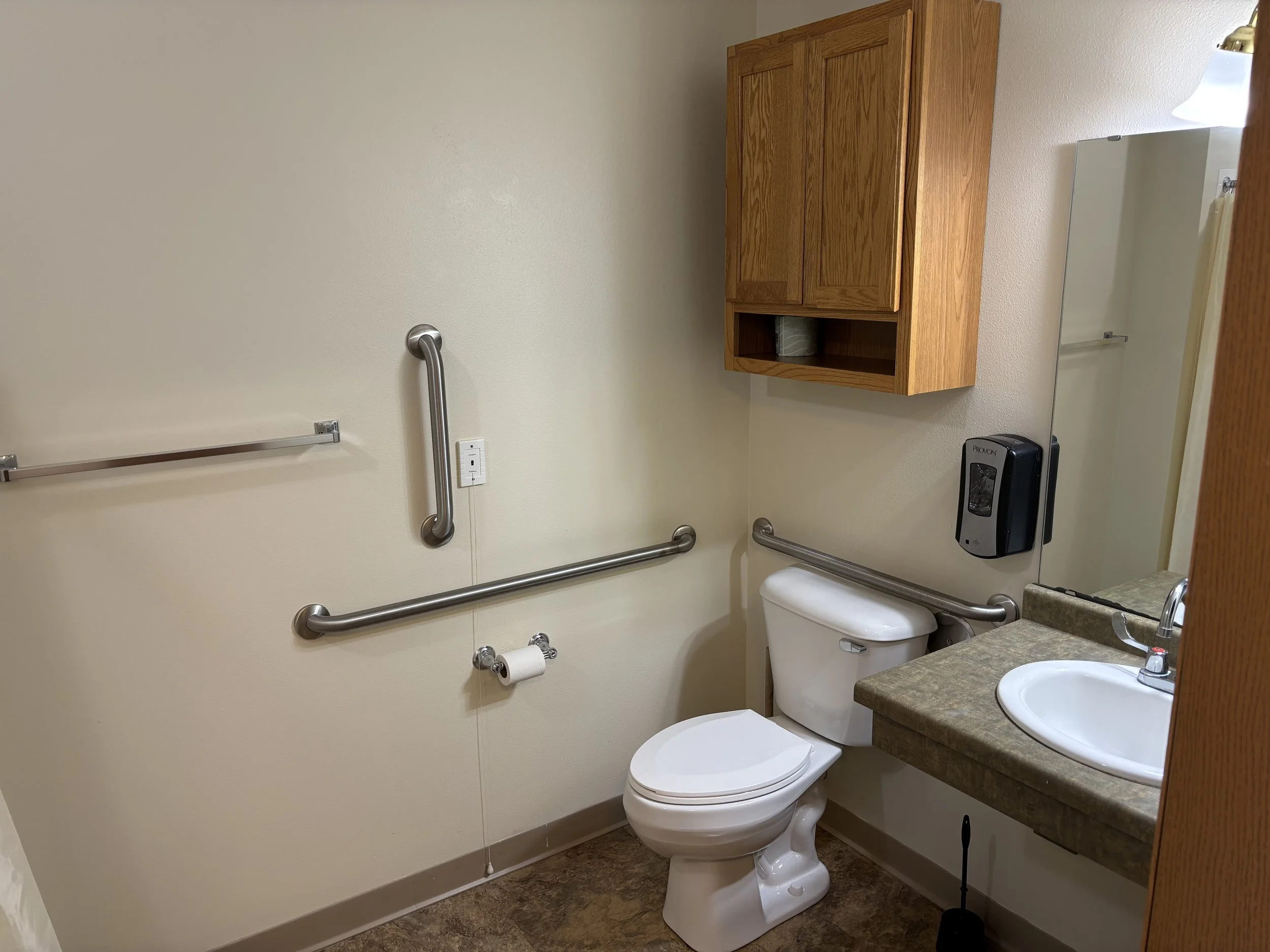 Accessible bathroom with beige walls, a white toilet, a brown countertop with a sink, wooden wall cabinet, mirror, towel bars, a soap dispenser, and safety grab bars.