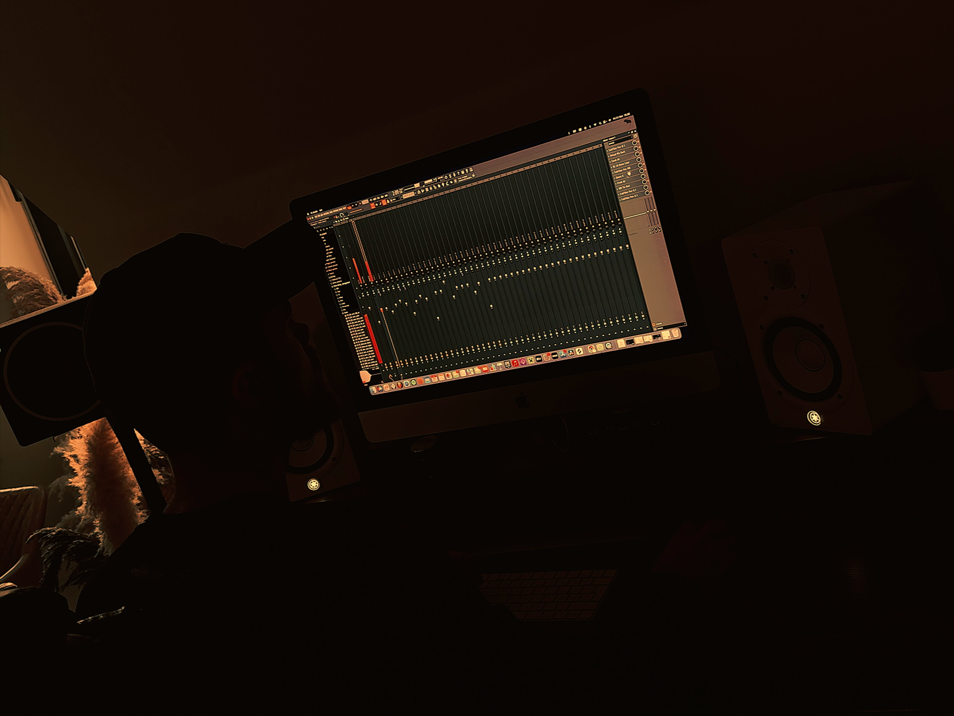 Silhouette of a person in front of a computer screen displaying music production software in a dark room.
