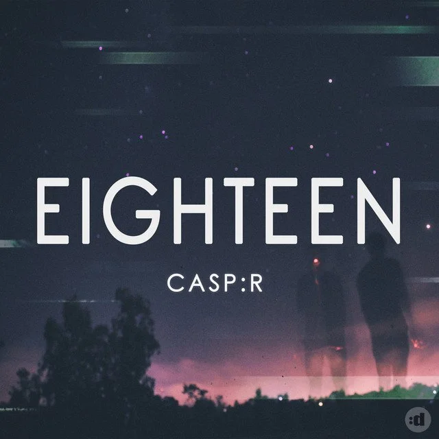 Night sky with stars and a silhouette of trees, with the text 'EIGHTEEN CAS: R' in the center.