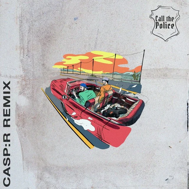 Street art mural of a red car with two people inside, driving on a road with a bridge and sunset in the background, with text 'Call the Police' and 'CASPI:R REMIX'.