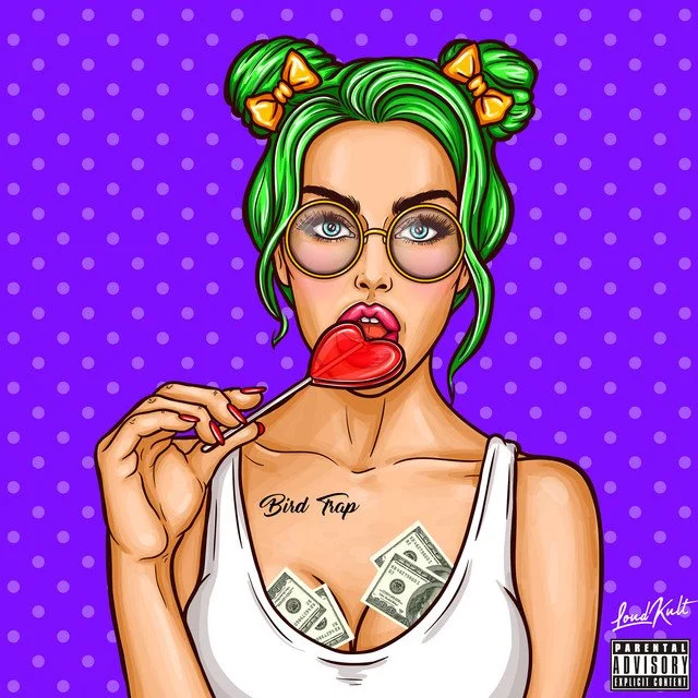 Cartoon woman with green hair in buns, wearing glasses and a white tank top, holding a red heart-shaped lollipop near her lips, with dollar bills in her cleavage and a tattoo that says 'Bird Trap' on her chest, against a purple polka dot background.