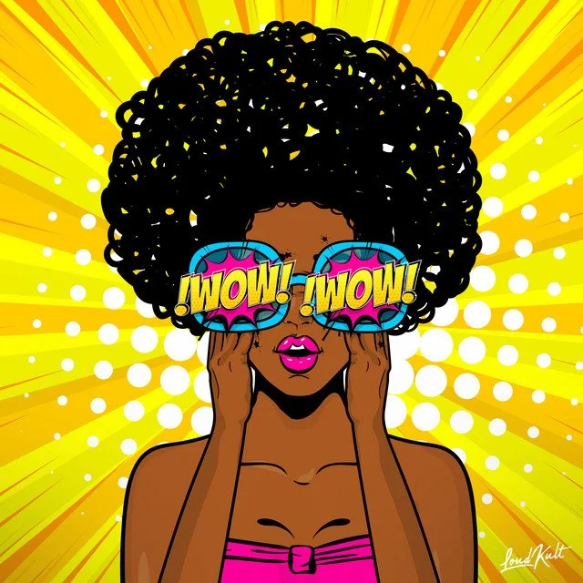A cartoon woman with curly black hair wearing pink lipstick and sunglasses with the words 'WOW! WOW!' on each lens, holding them in front of her eyes. Bright yellow background with white dots and radial lines.