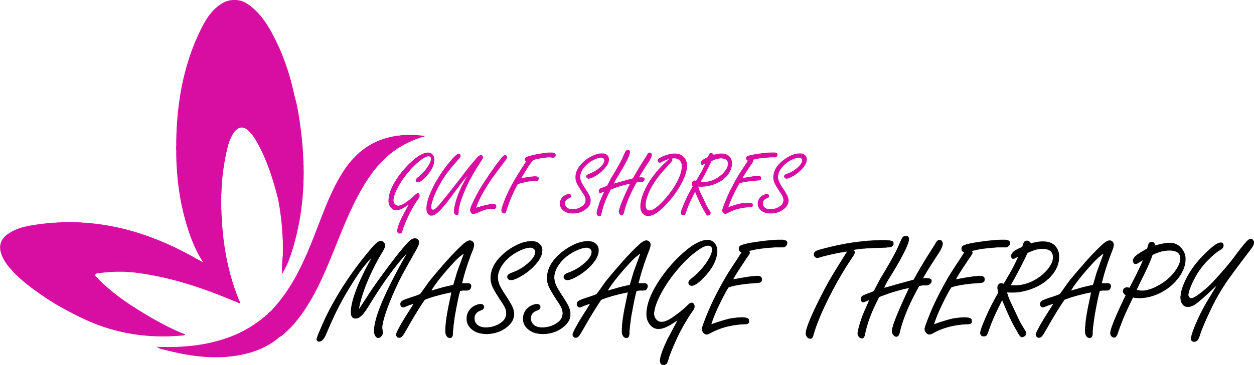 Logo for Gulf Shores Massage Therapy featuring a pink butterfly and purple and black text.