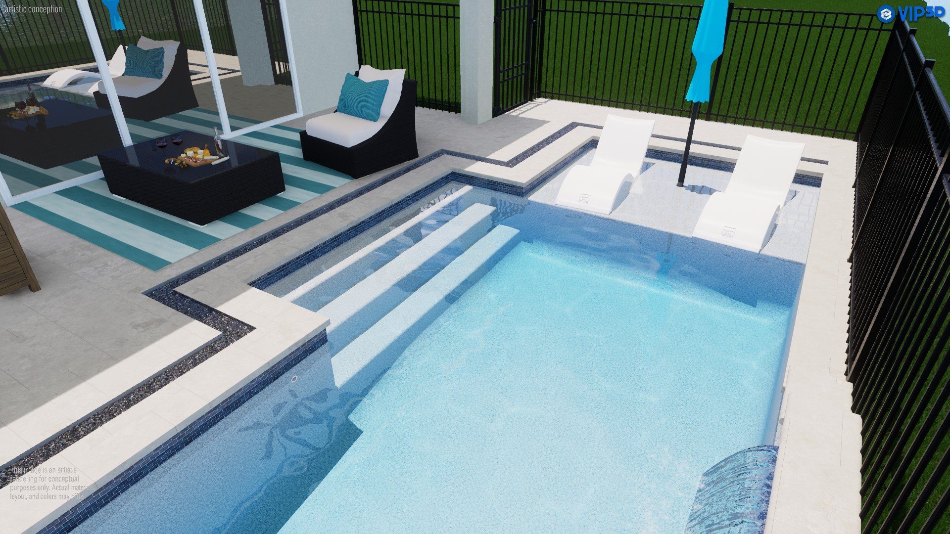 A modern outdoor private pool area featuring a rectangular swimming pool with built-in steps, two white lounge chairs with a blue umbrella, and a seating area with chairs, a small table with snacks, and a striped rug. The space is enclosed by a black fence and adjacent to a glass wall with a view of the interior living room.