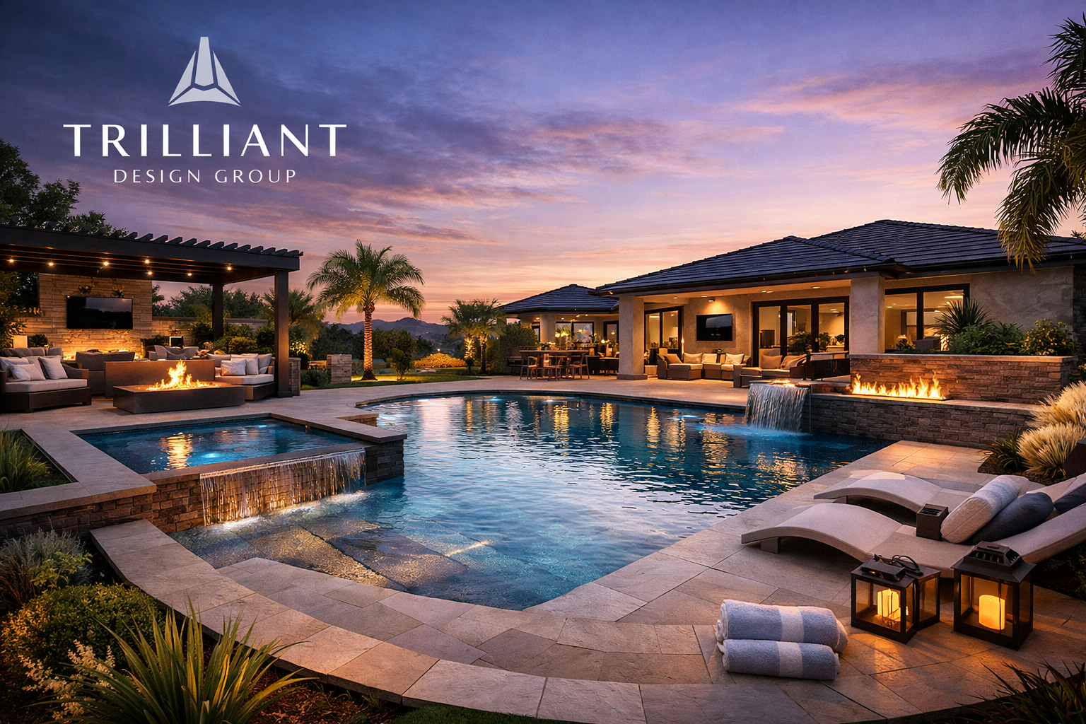 Luxury backyard with swimming pool, hot tub, outdoor living area, fire pits, lounge chairs, palm trees, and sunset sky.
