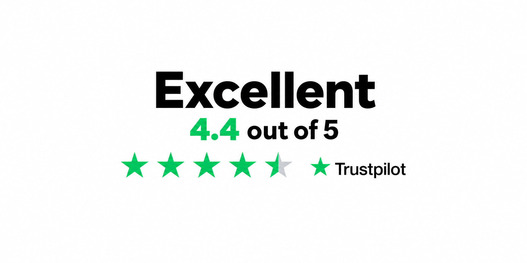 A review rating showing the word 'Excellent', a 4.4 out of 5 score in green, and five green stars with one gray star, from Trustpilot.