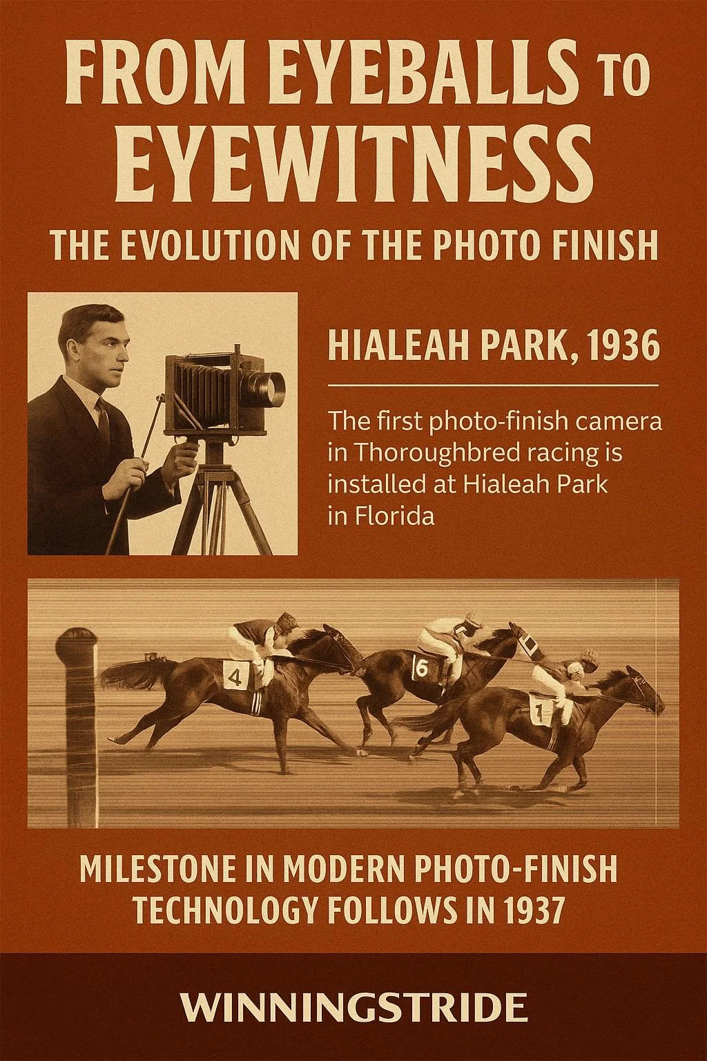 An exhibit about the evolution of photo finish technology, showing a historical photo from 1936 of a camera at Hialeah Park and a modern photo finish of a horse race, with text explaining the developments.