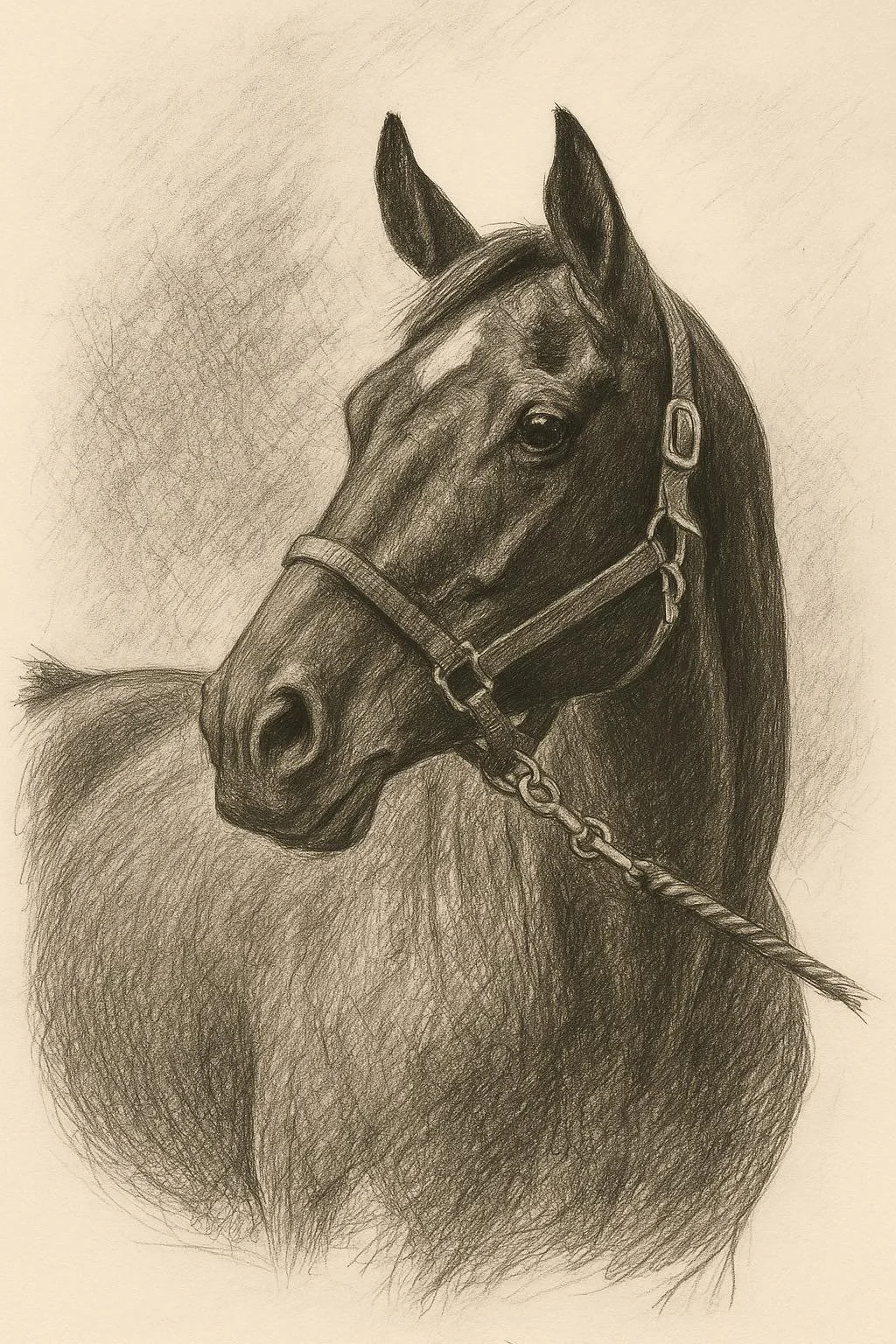 A detailed pencil sketch of a horse with a halter and lead rope, facing slightly to the right.