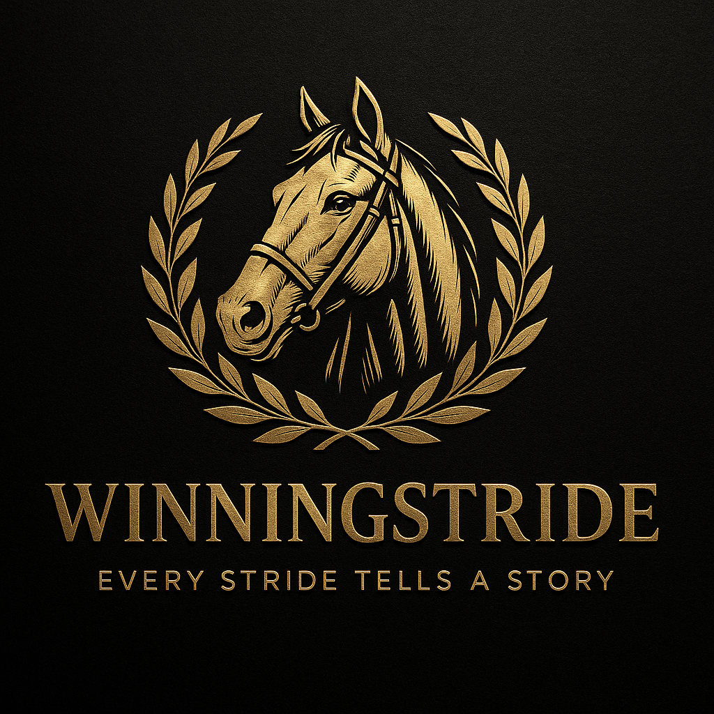 Gold emblem featuring a detailed horse's head encircled by laurel branches, with the text 'WINNINGSTRIDE' and the tagline 'Every stride tells a story' on a black background.