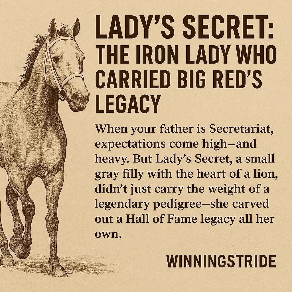 Illustration of a gray horse along with text about Lady's Secret, a racehorse who carried Big Red's legacy, highlighting her heart and Hall of Fame legacy. The text emphasizes her humbleness despite high expectations.