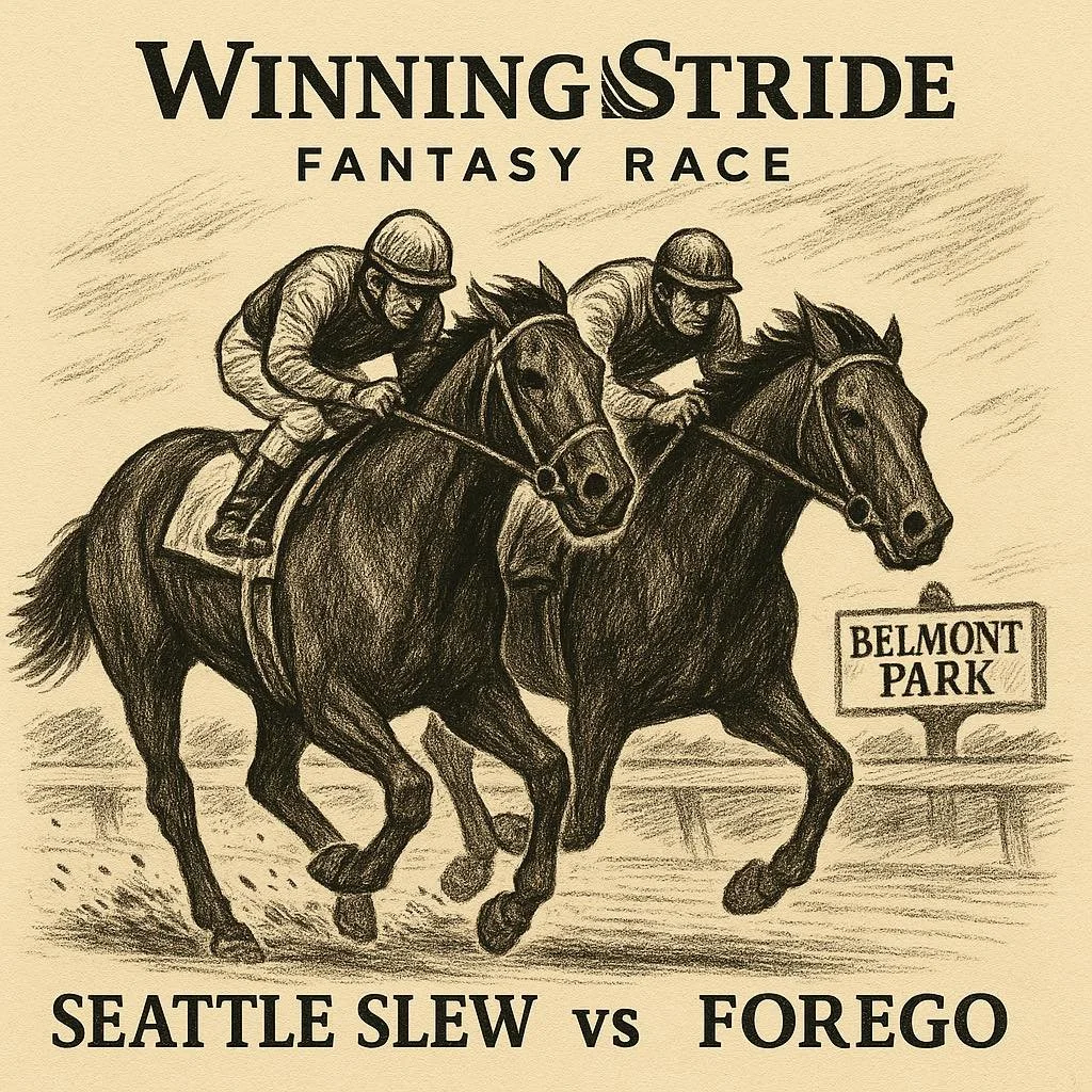 Sketch of a horse race at Belmont Park with two jockeys racing, featuring the event title 'Winning Stride Fantasy Race' and match-up 'Seattle Slew vs Forego'.