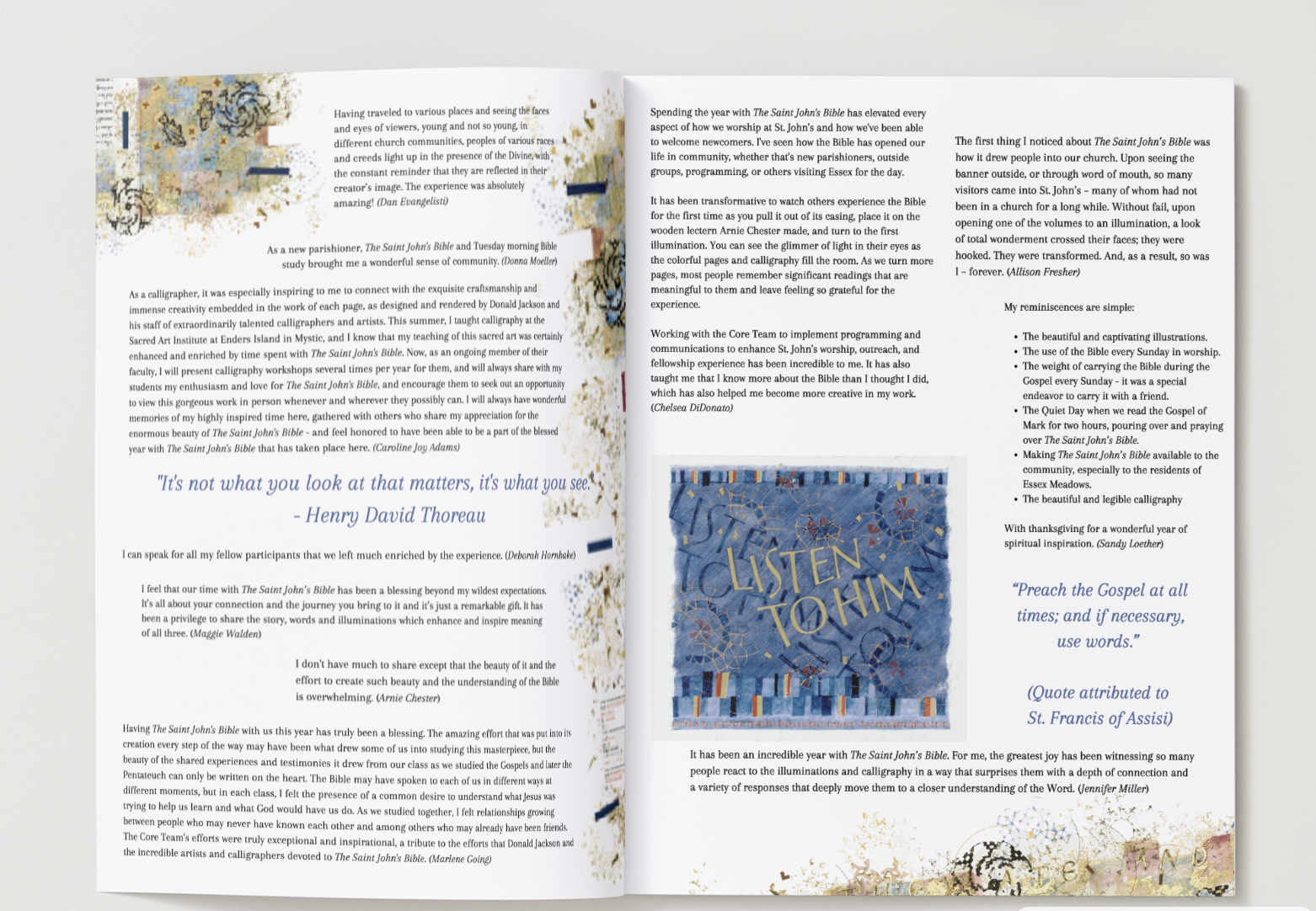 Open book with text and decorative elements, including a colorful square with "LISTEN TO HIM" and a quote "Preach the Gospel at all times; and if necessary, use words."