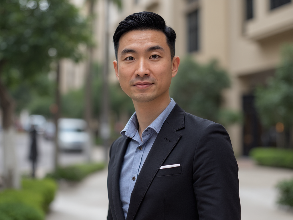 A young Asian man in a business suit standing outdoors in an urban setting with trees and buildings in the background.