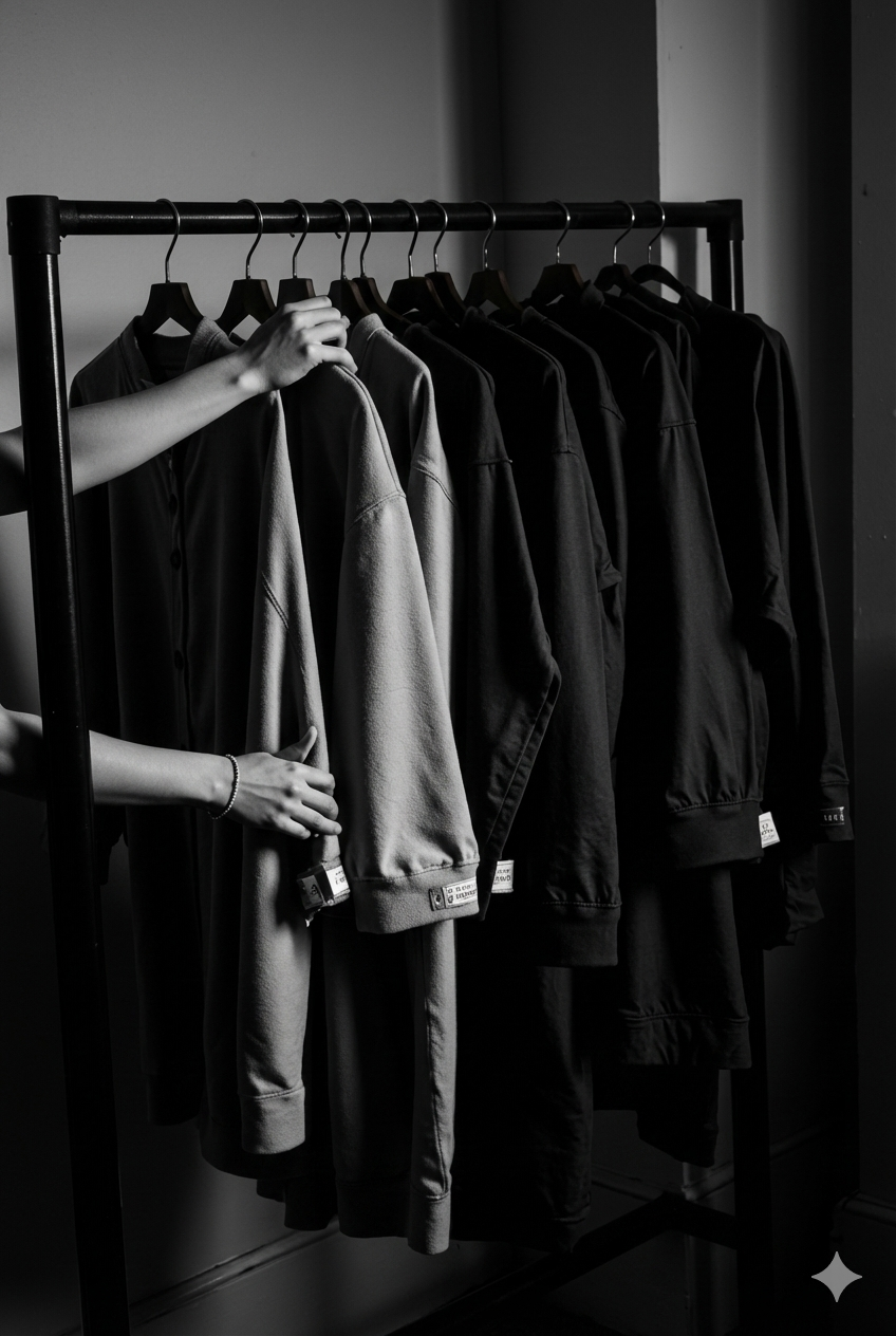 Black and gray hoodies hanging on a clothing rack with a person browsing