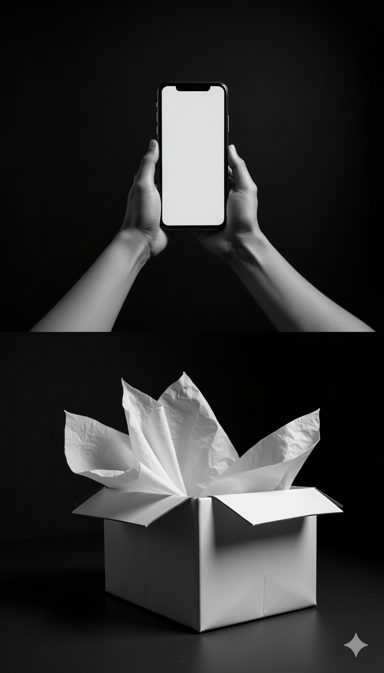 A black-and-white image with two sections: the top shows hands holding a smartphone with a blank screen against a dark background, and the bottom shows an open cardboard box with crumpled tissue or paper inside