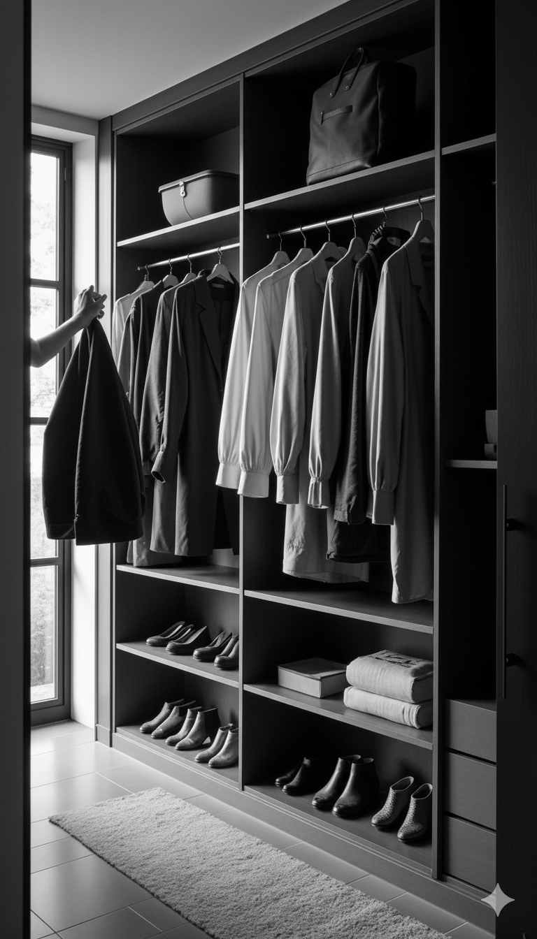 A closet with neatly organized clothes on hangers, shoes on shelves, and folded towels. A person is seen hanging or selecting clothing near a window.