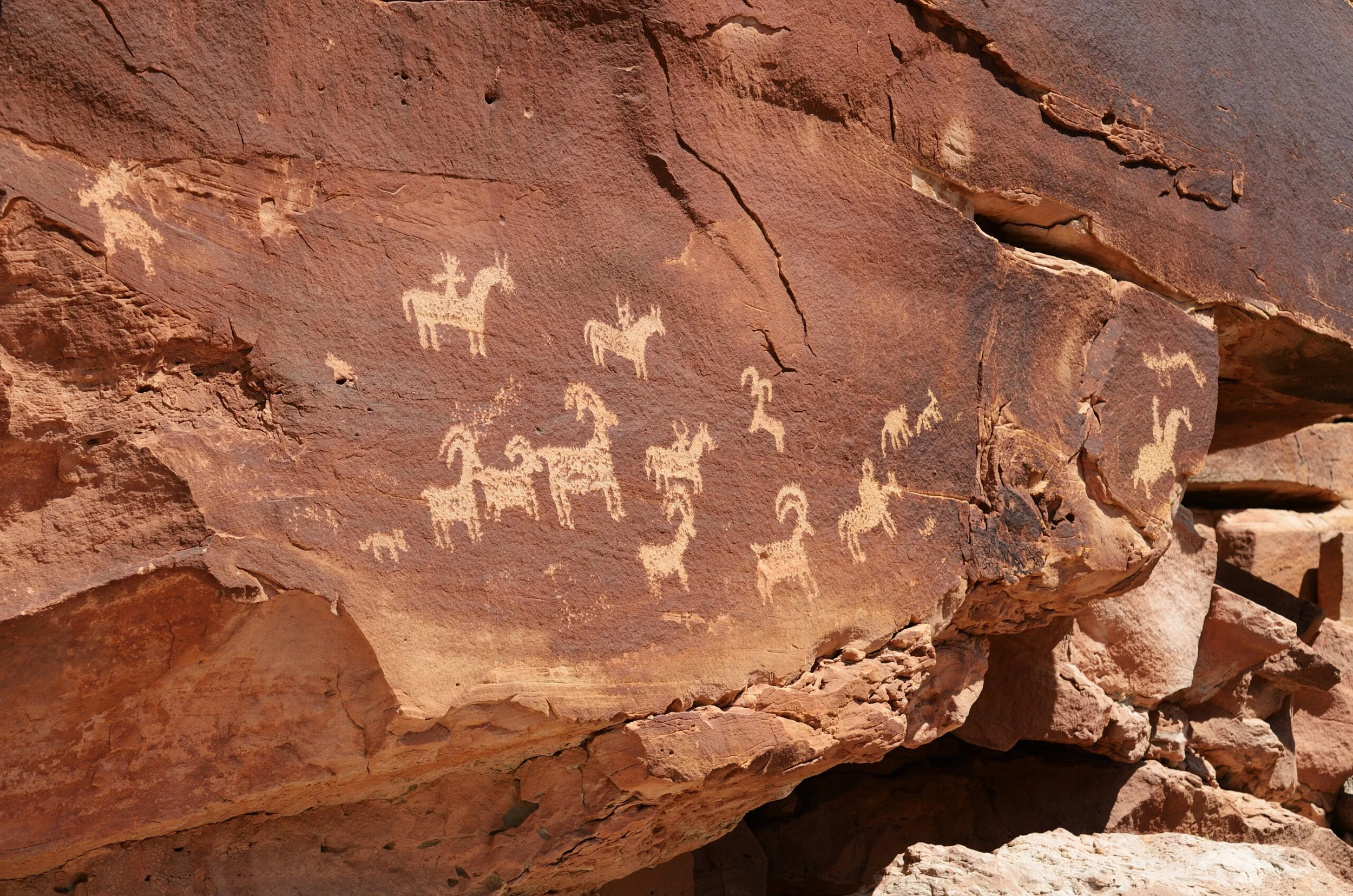 Ancient petroglyphs of goats and other animals carved into a red rock face.