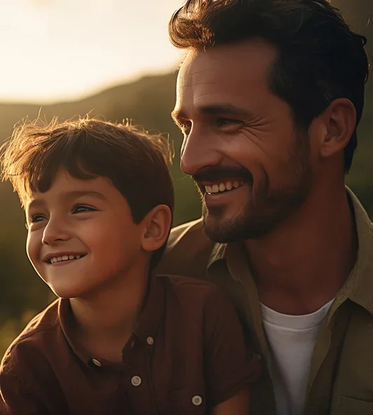 A man and boy smiling outdoors at sunset, enjoying each other's company.