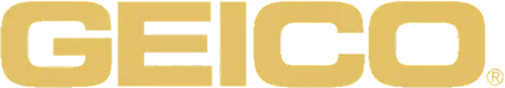 Close-up of the GEICO logo in gold lettering.