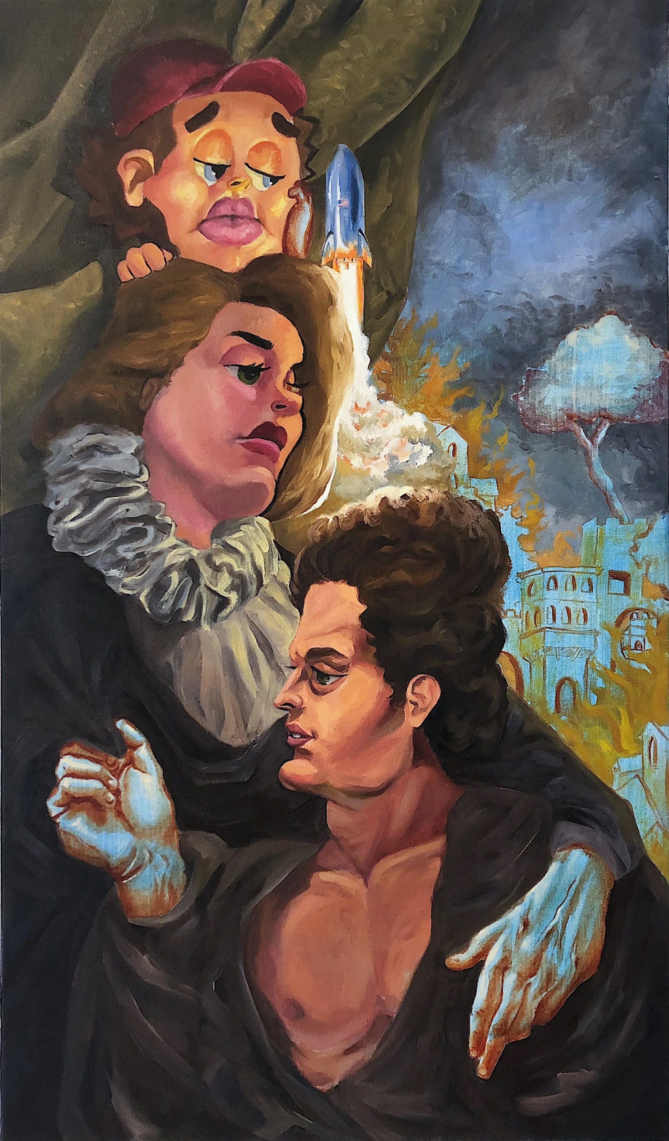 "Lil' Italy is Burning"; 2019; oil, acrylic, and Sharpie on canvas; 46”x27”
