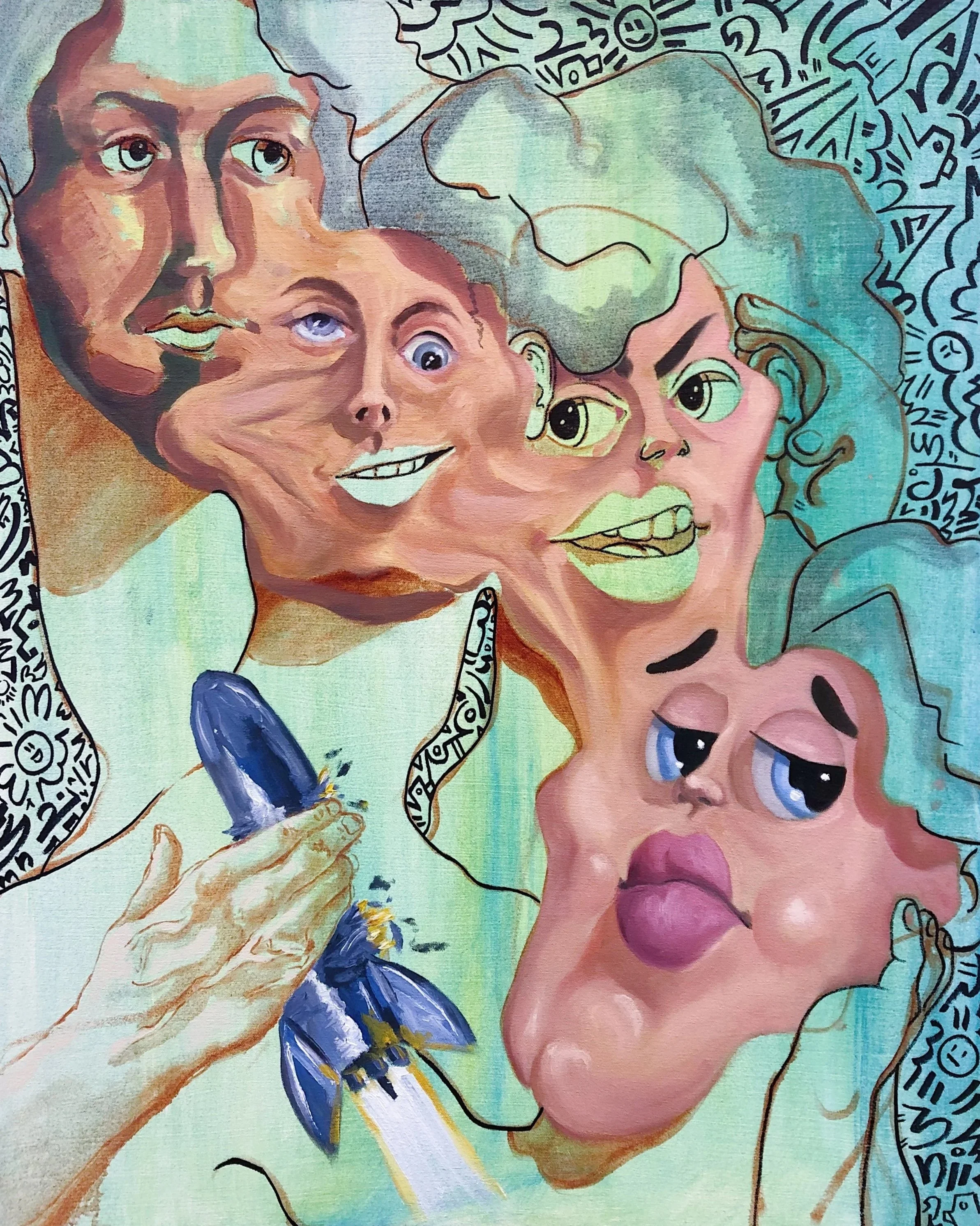 "Gossip"; 2019; oil, acrylic, and Sharpie on canvas; 30”x24”
