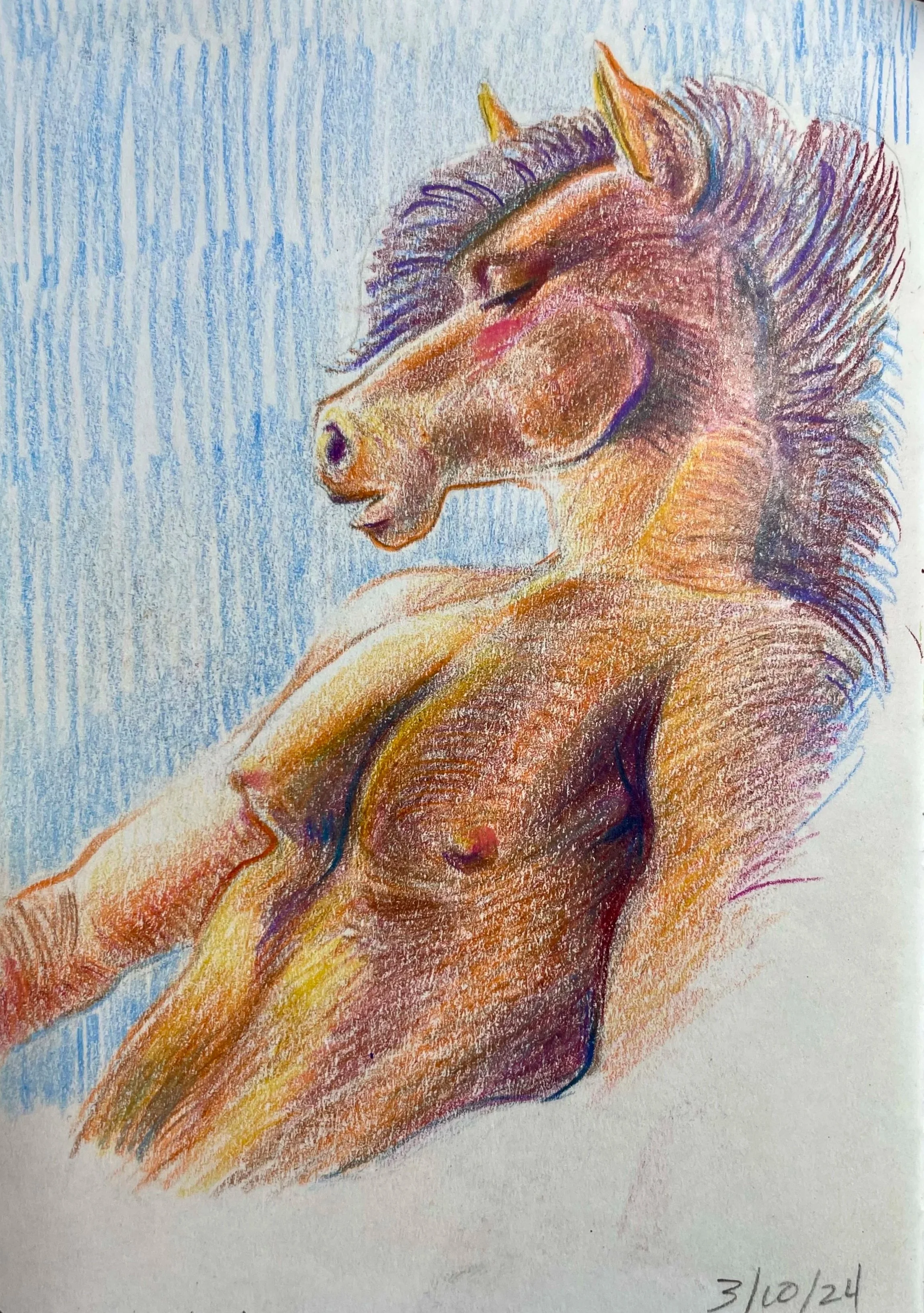 "Horse Selphie I" 2024, colored pencil on paper, 4"x6"