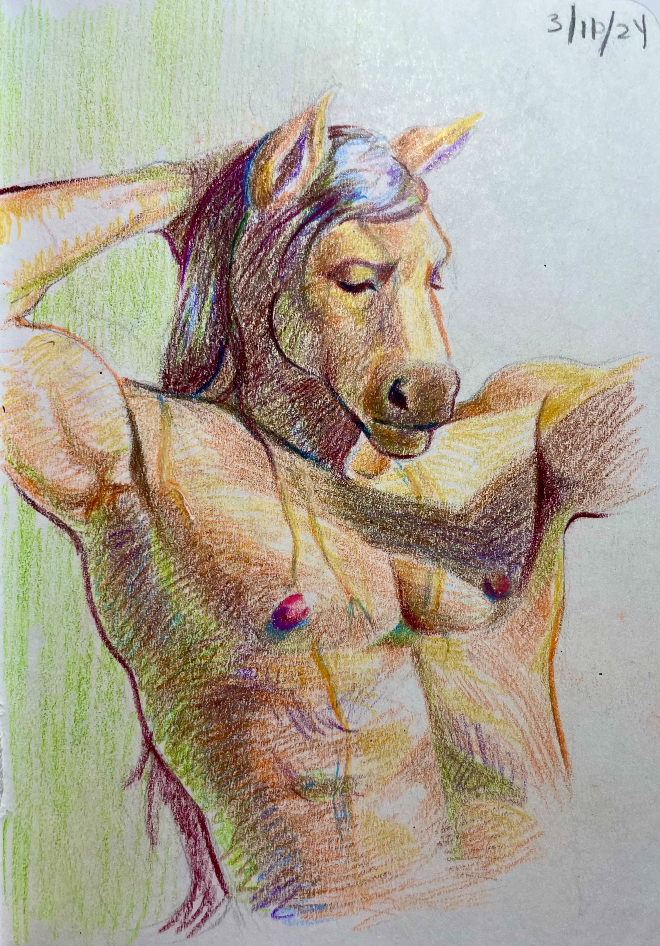 "Horse Selphie II" 2024, colored pencil on paper, 4"x6"