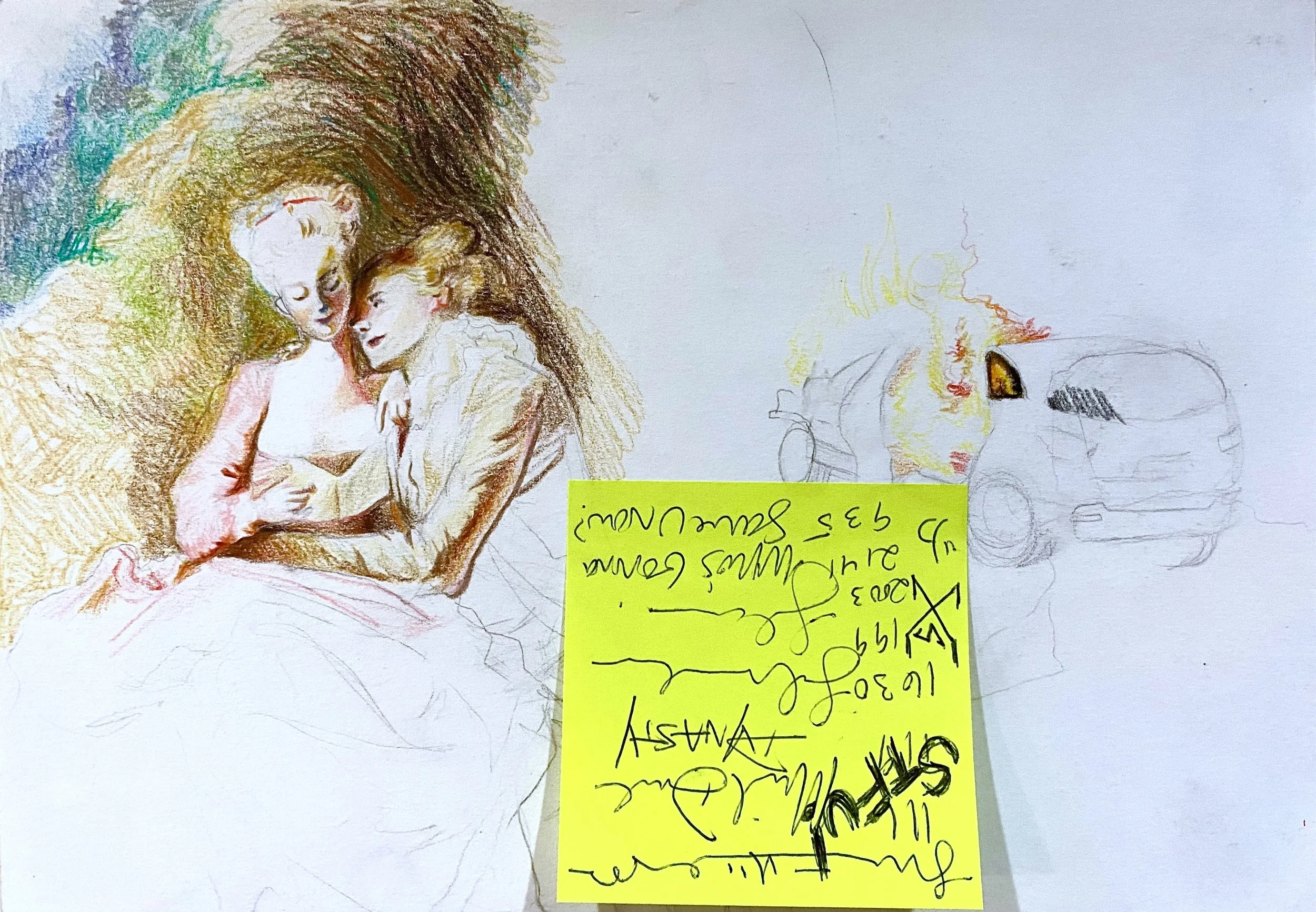 "The Progress of Love (after Fragonard)"; 2020; pencil, colored pencil, pen, and sticky note on paper; 10"x7"