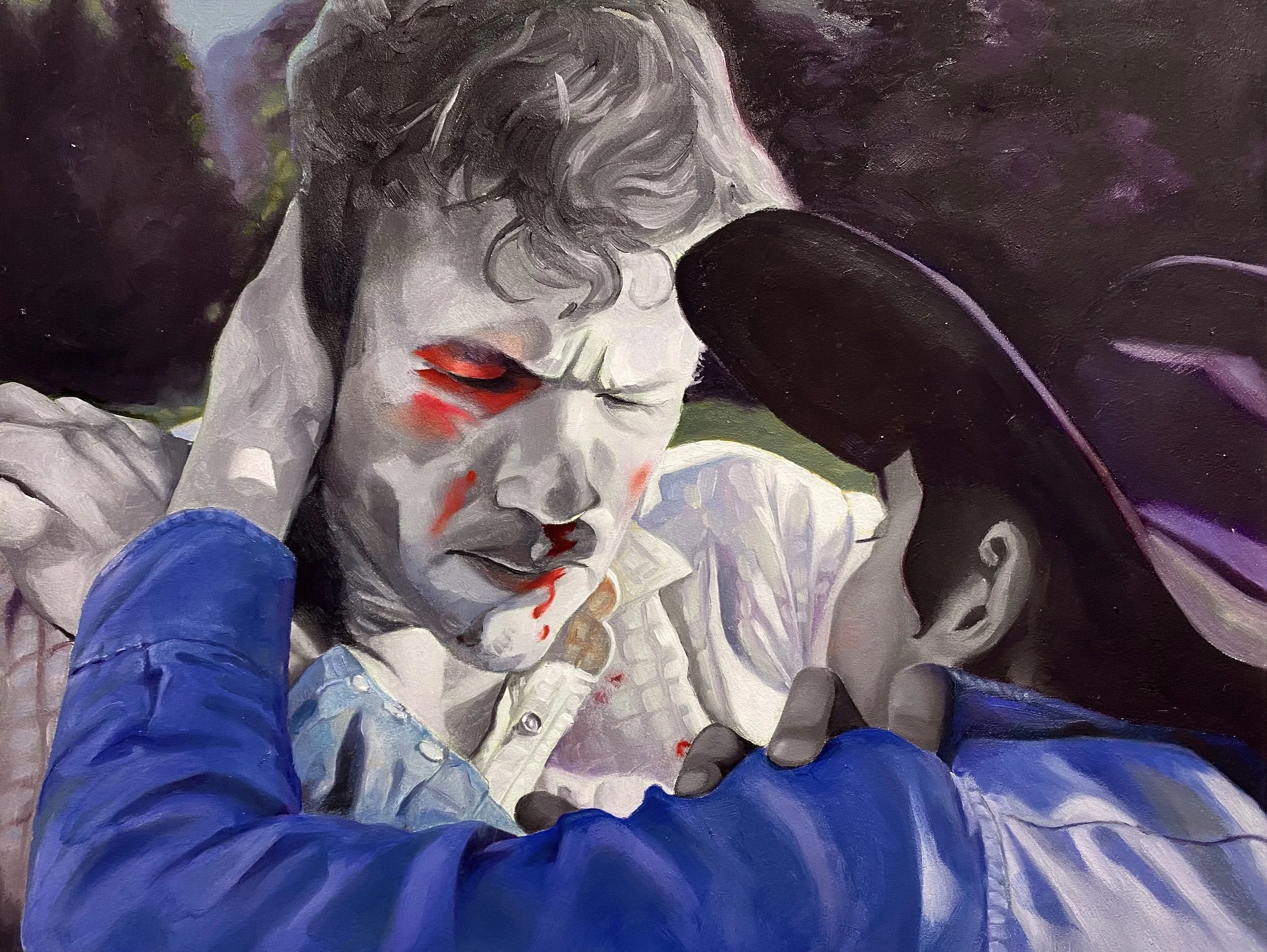 "Game of Quoits (Fatal Blow)", 2023, oil on panel, 9"x12"