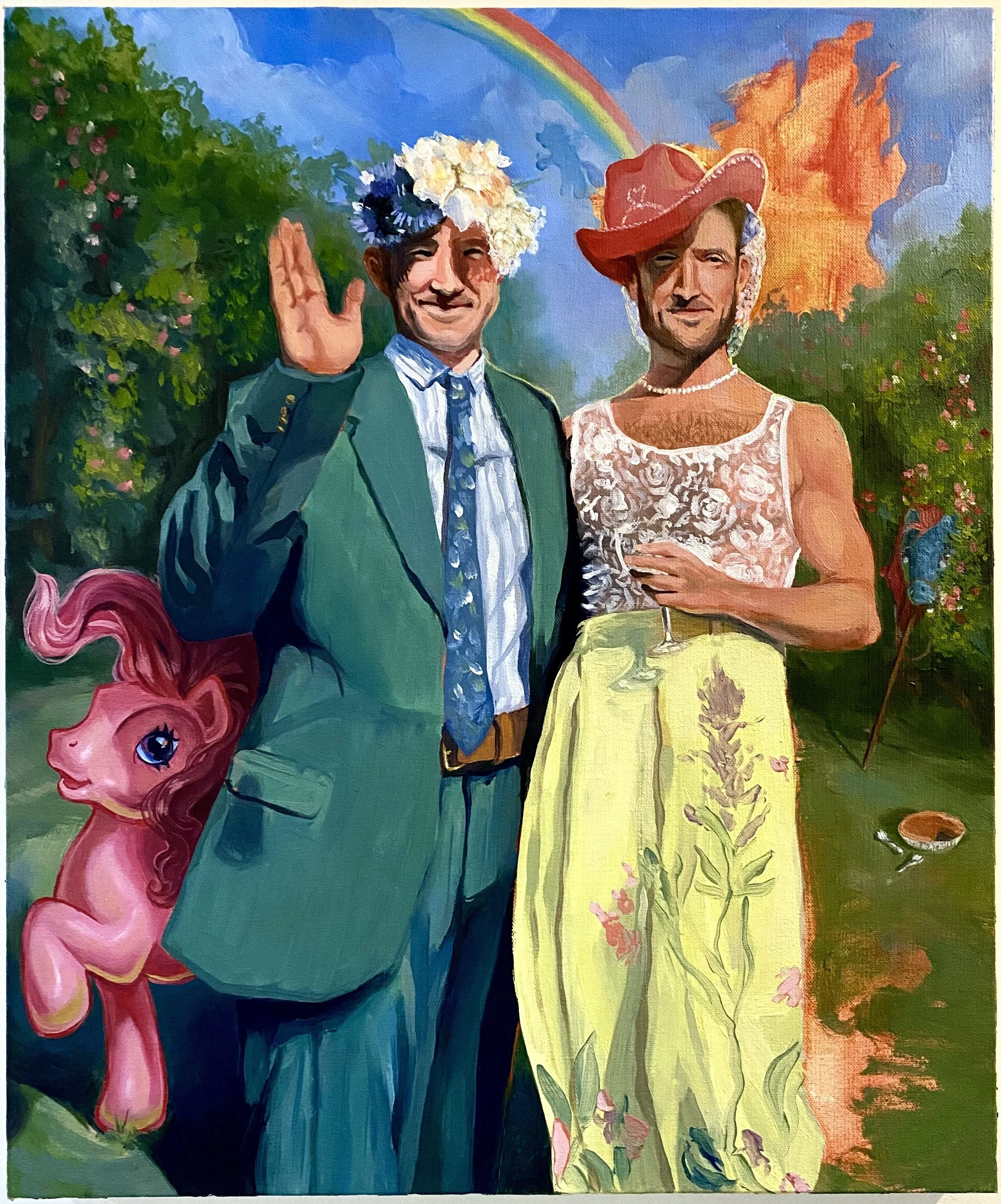 "Dan and Logan Take It to the Next Level (Pony Style)", 2022, oil and acrylic on canvas, 24”x20”