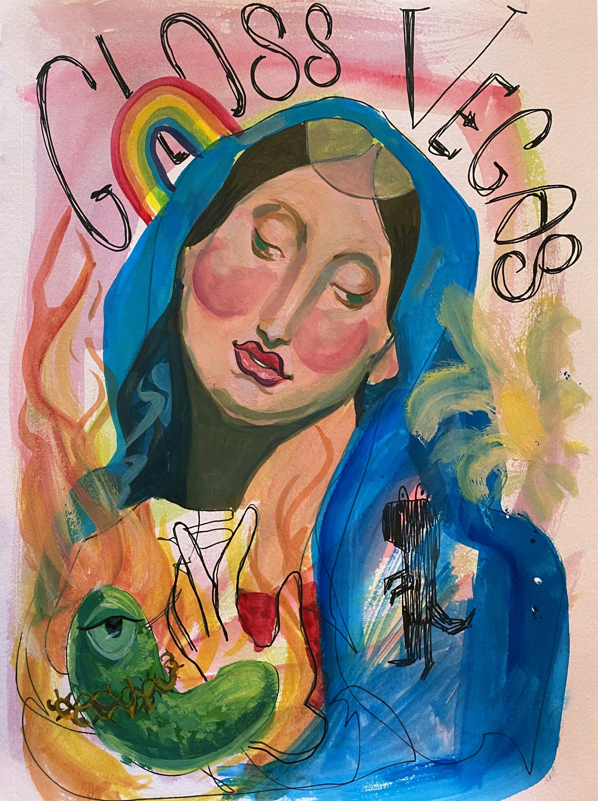 "Madonna of Vegas (After Ingres)", 2020, gouache and micron pen on paper, 7"x10" 