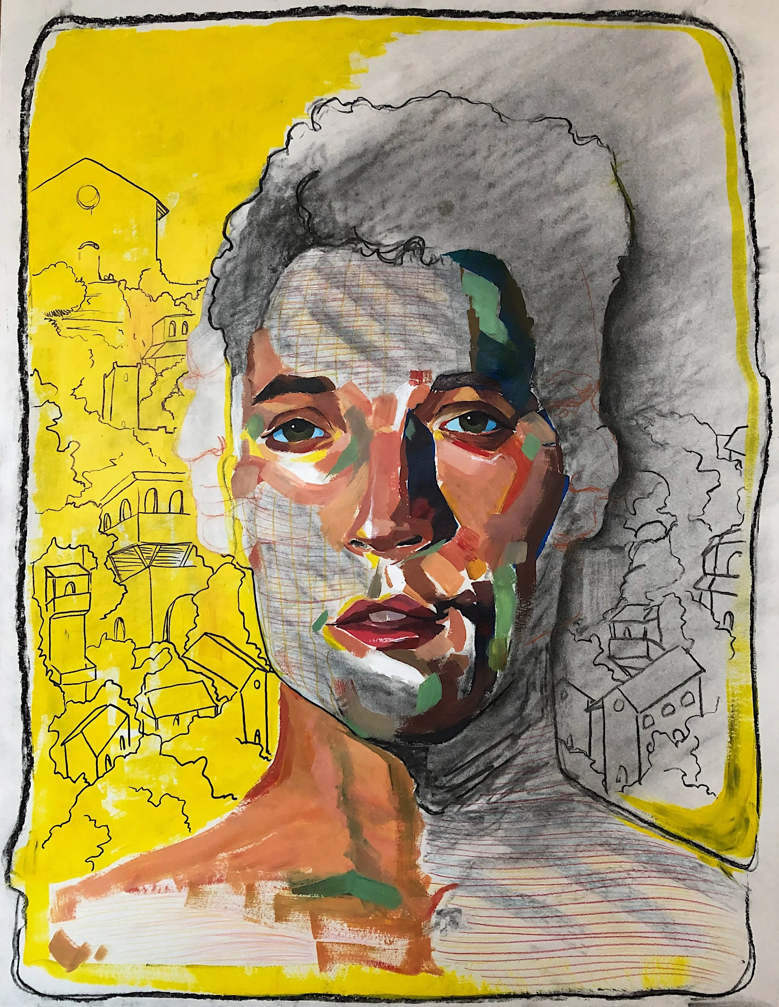 "Hyacinthus I"; 2019; acrylic, charcoal, and colored pencil on paper; 18"x24"