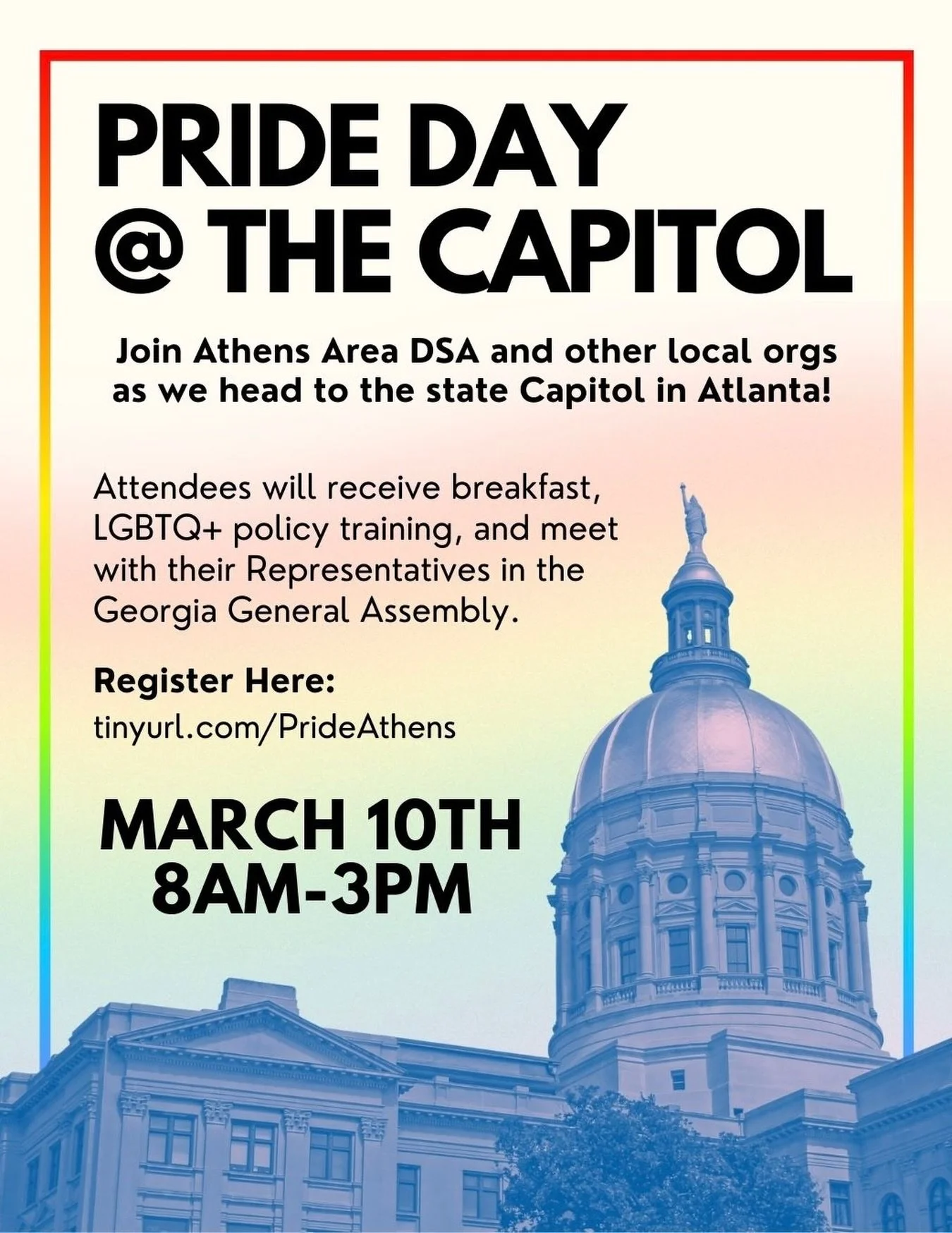 We&rsquo;re going back to the Capitol y&rsquo;all! Pride Day with @hrcinga and numerous other orgs from across the state is March 10th 🌈

Register through the link (you&rsquo;ll need to register through our form and one from HRC so you can get break