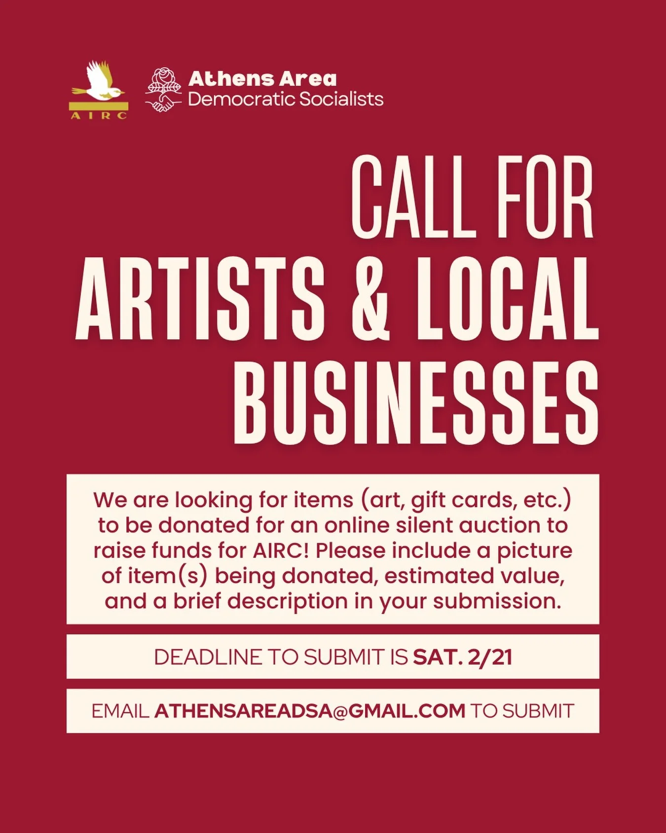 Got art or gift cards you can donate towards a good cause? Send us an email at athensareadsa@gmail.com to submit to our upcoming silent auction to raise funds for AIRC by 2/21 🎉