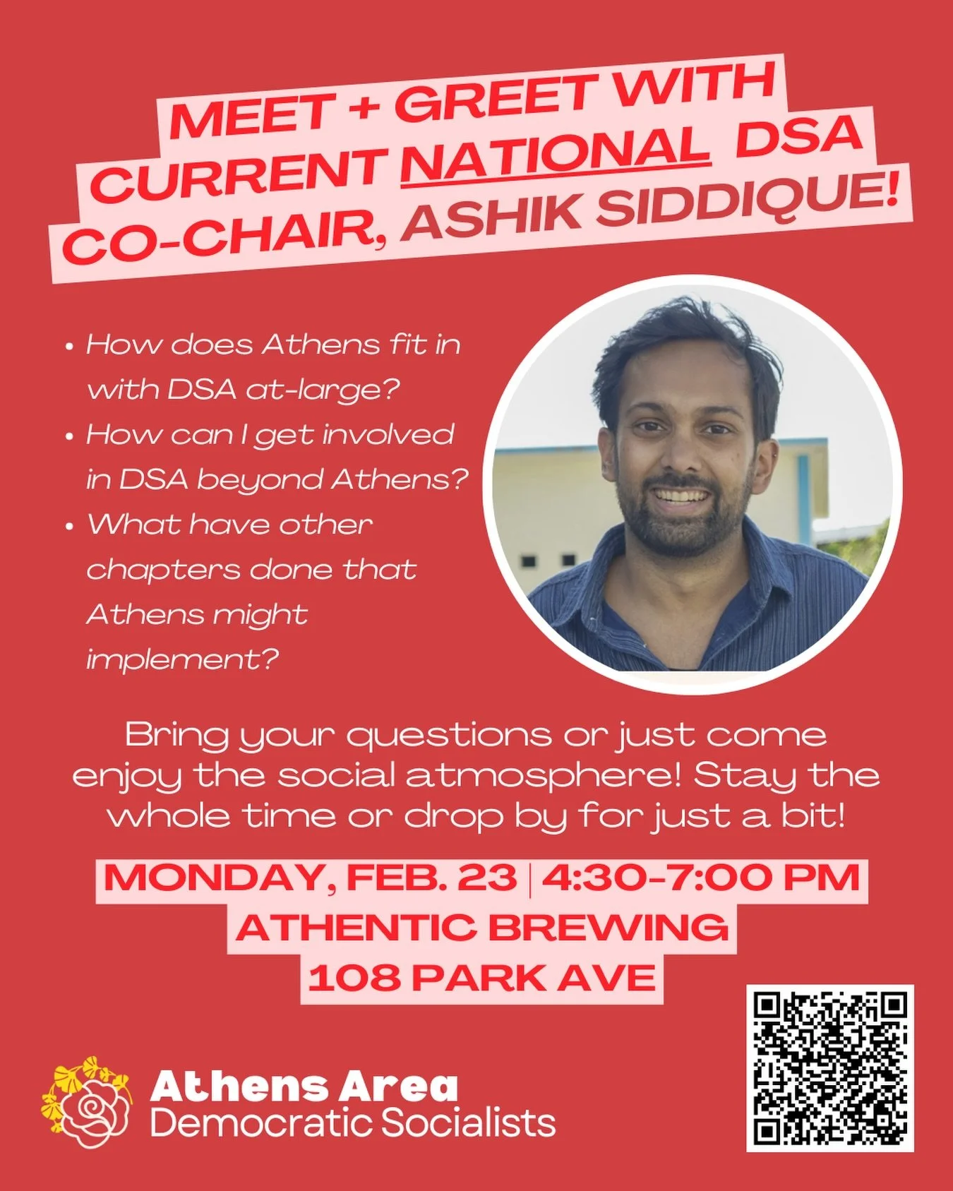 We&rsquo;re getting a visit from one of the NATIONAL Co-Chairs of DSA, Ashik Siddique! 🌹

Drop by this upcoming Monday for our meet and greet with him, which will be a laid back way for everyone to get together, ask Ashik questions, and learn.

Athe