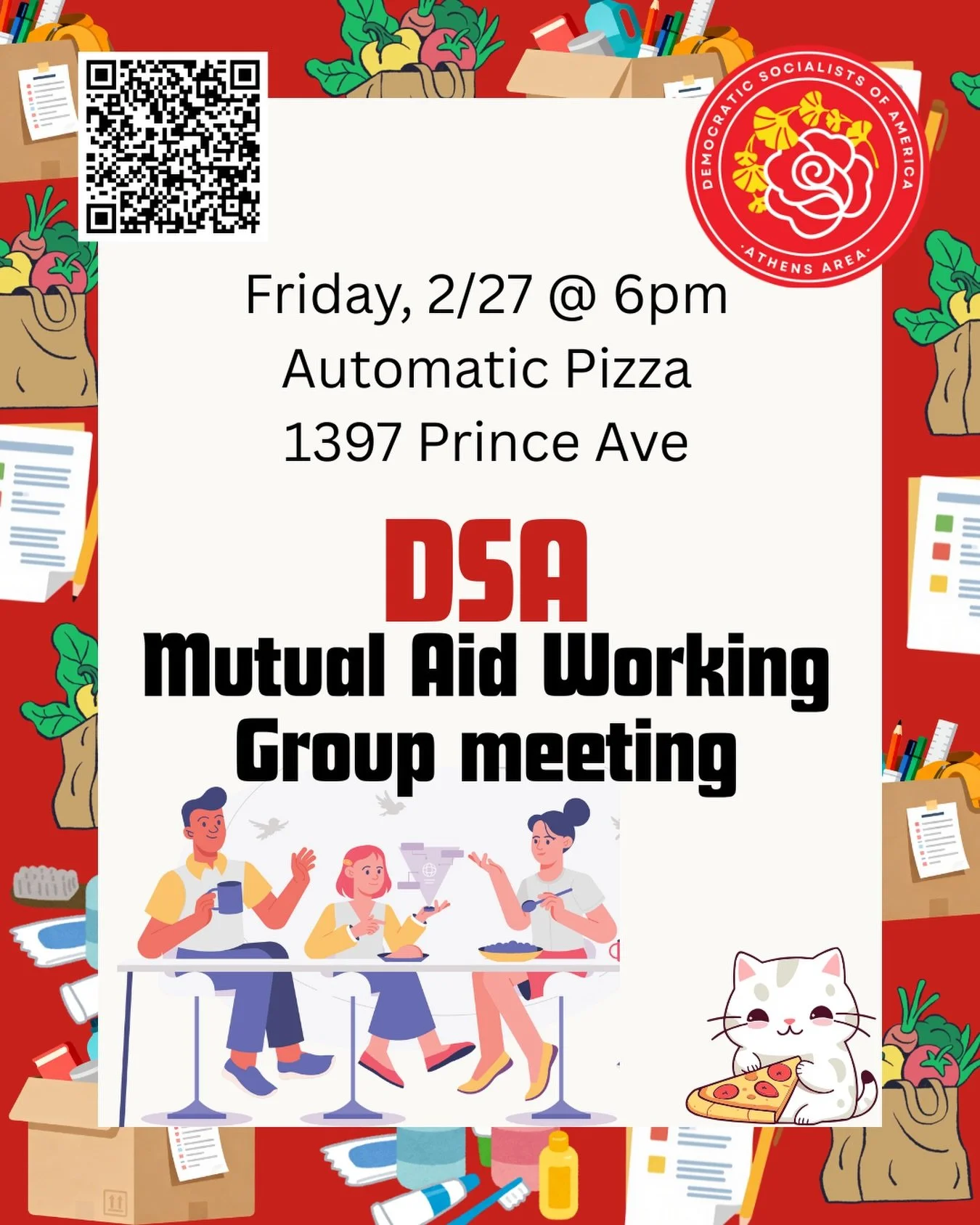Want to get involved with the chapter? Our mutual aid working group is a perfect place to start!

Next meeting is at @automatic_pizza_athens next Friday, Feb. 27th, at 6 PM 🍕