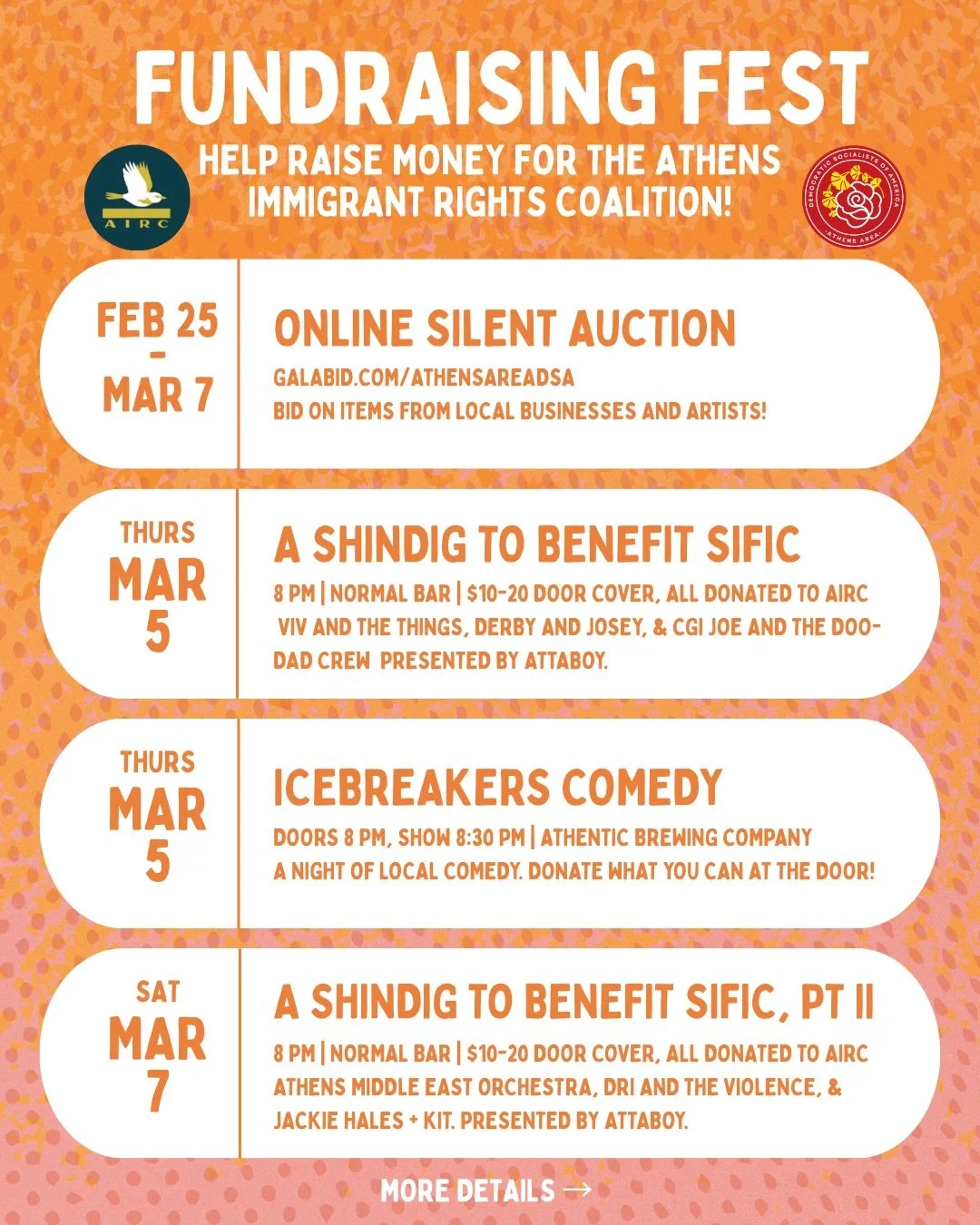 Announcing the Fundraising Fest! Many people in our chapter and throughout the community are coming together to raise money for  @athensimmigrantrightscoalition 🎉

There are 4 events that will be a part of this:
1. Online silent auction between toda