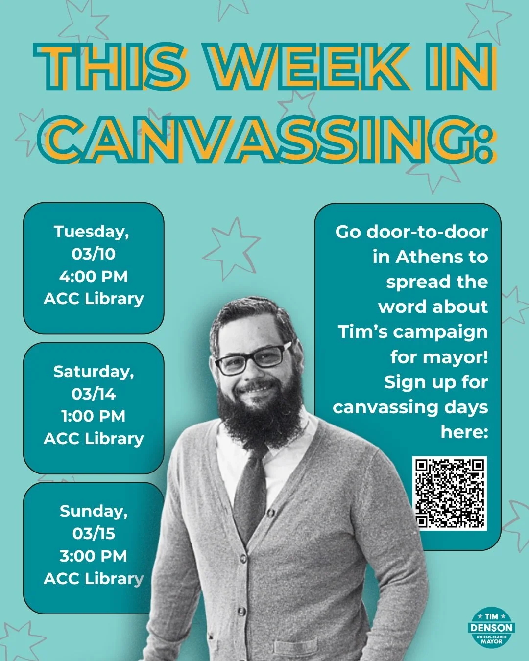 This week&rsquo;s canvassing days and times! Join us to knock on doors, enjoy the weather, and talk to neighbors throughout the community about @timdenson4ath 

Meet at the ACC Library. No experience? No worries, we&rsquo;ll pair you with someone so 